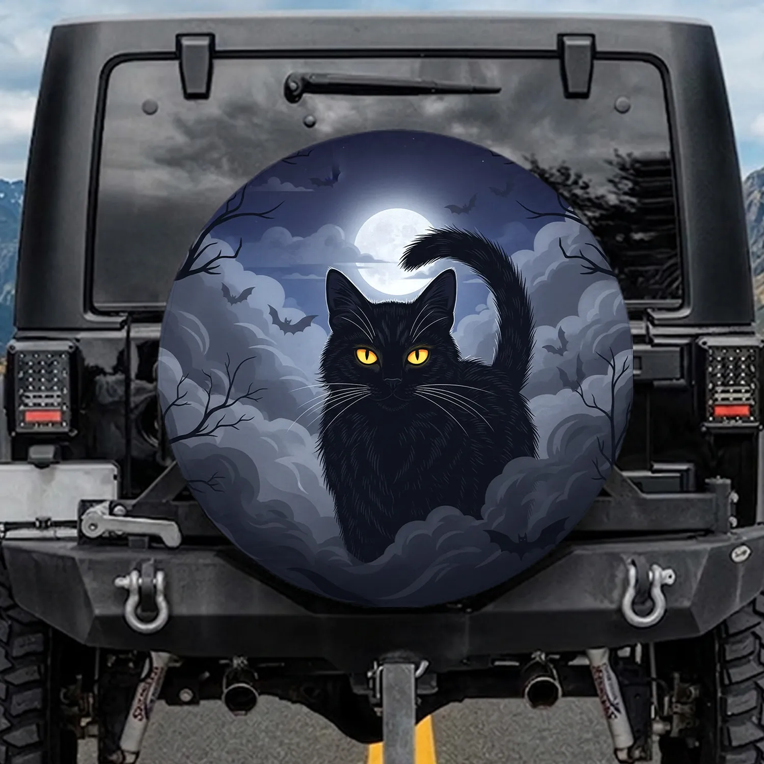 Black Cat Moon Mist Night - Home Decor Gift for Cat Lover Spare Tire Cover - 1