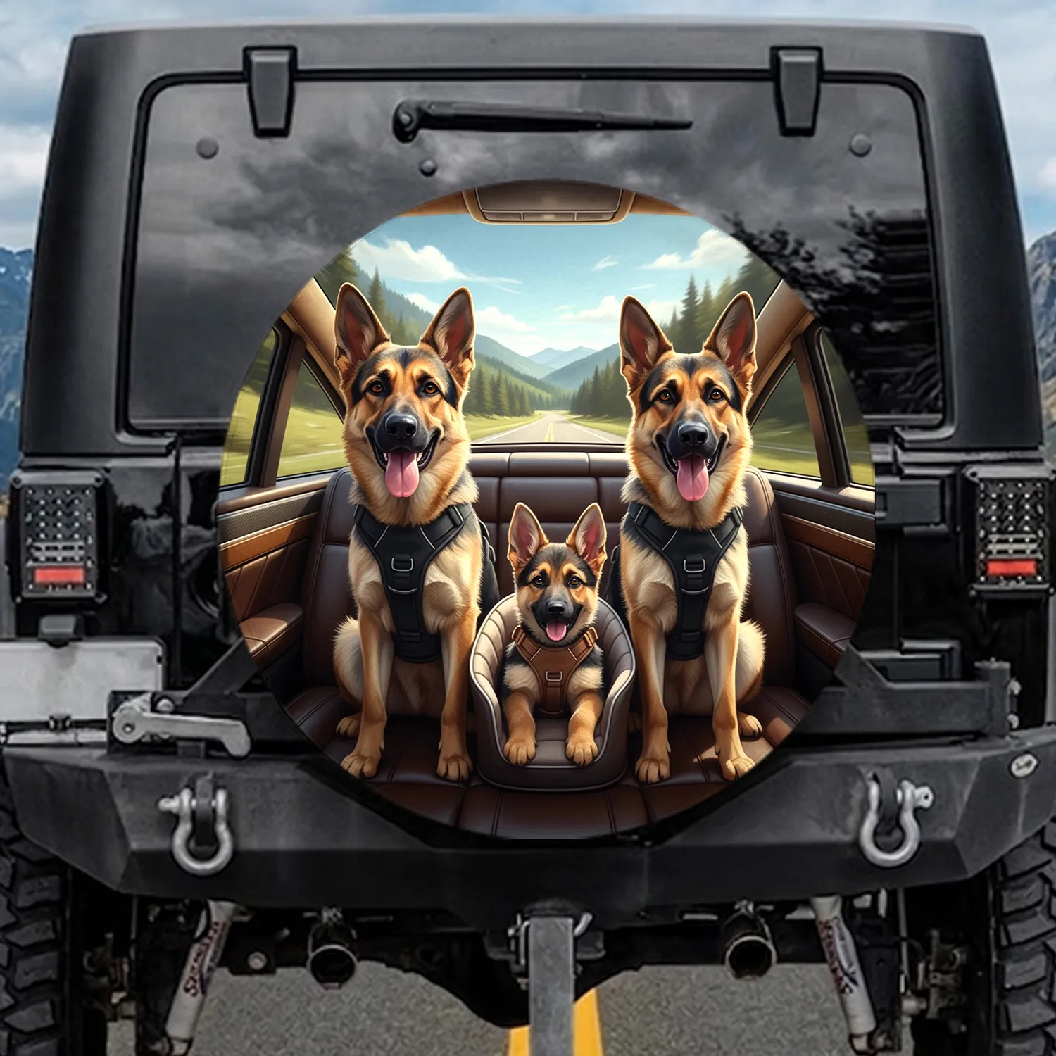 Three Happy German Shepherds Puppy - Road Trip Adventure Gift for Dog Owners Spare Tire Cover - 1