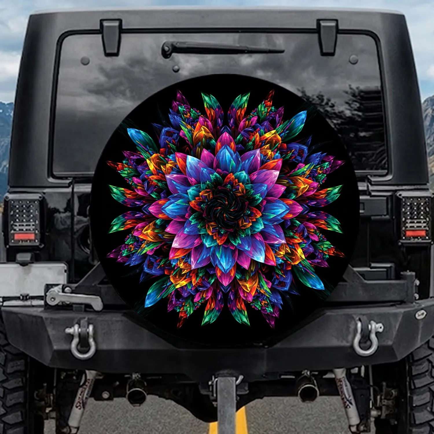 Glowing Iridescent Fractal Bloom Kaleidoscope Crystalline Swirls - Home Decor Gift Spare Tire Cover - 1
