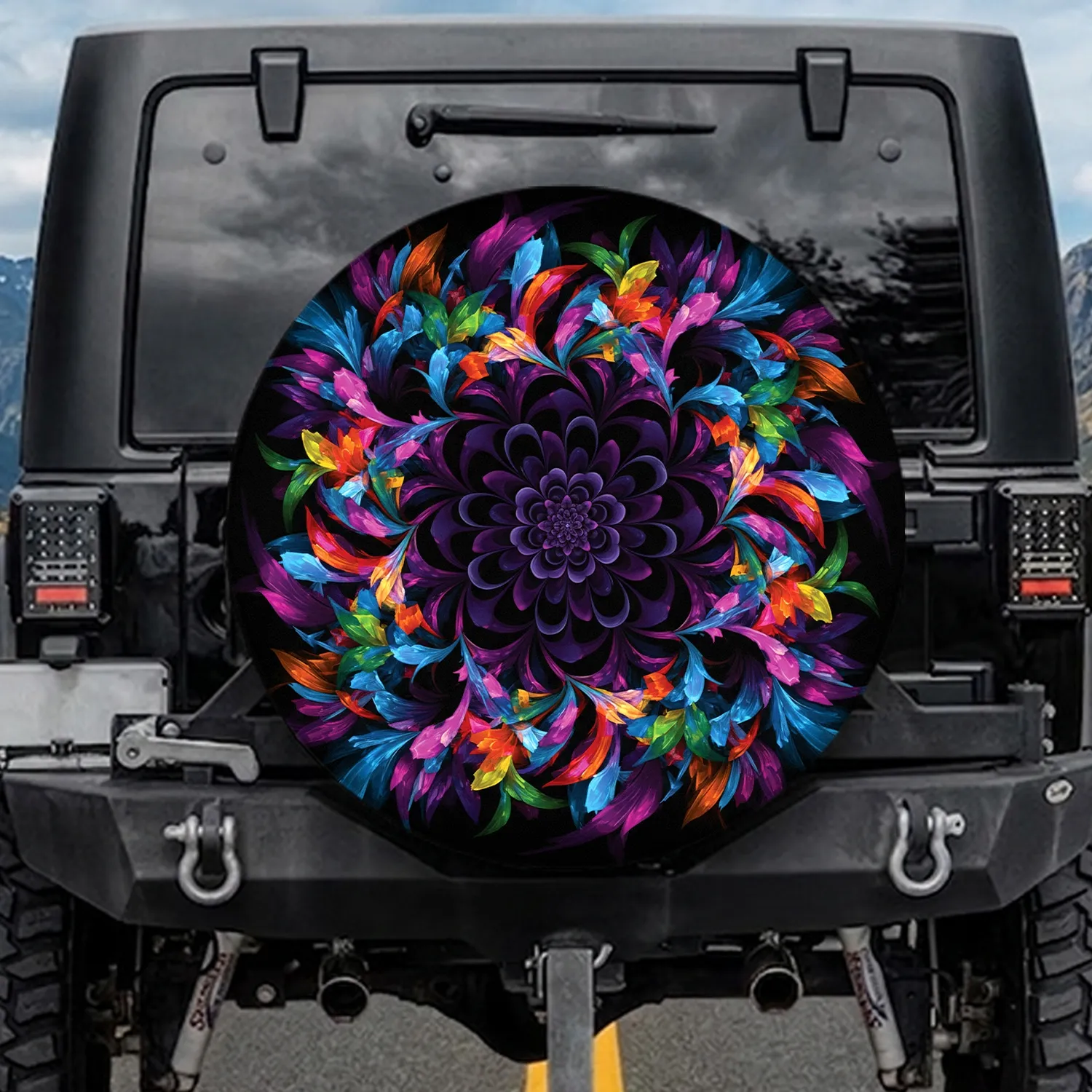 Dark Floral Fractal Cosmic Swirl Luminous Shards Petals - Vehicle Decor Gift Spare Tire Cover - 1