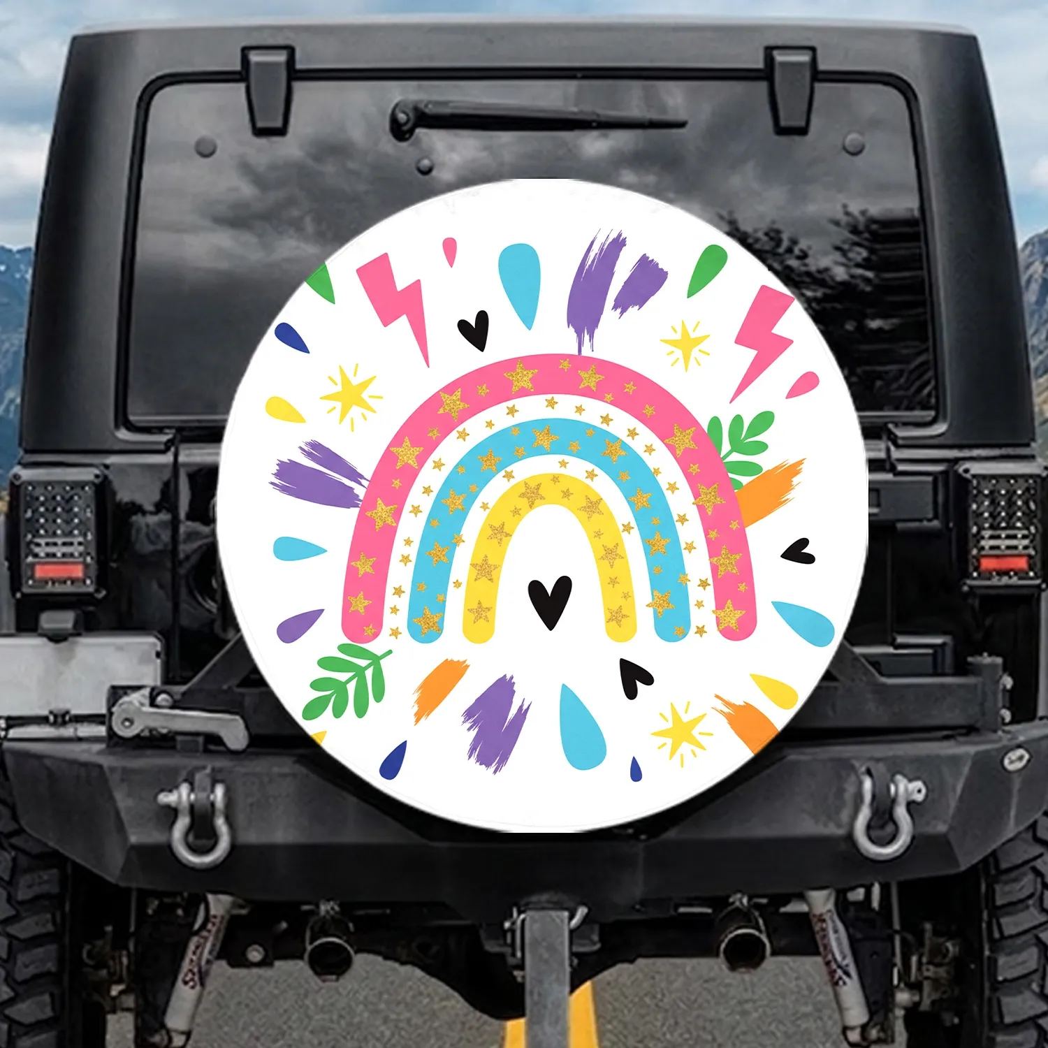 Rainbow Arcs Stars Hearts Teardrops Lightning Foliage - Road Trip Outdoor Essentials Spare Tire Cover - 1