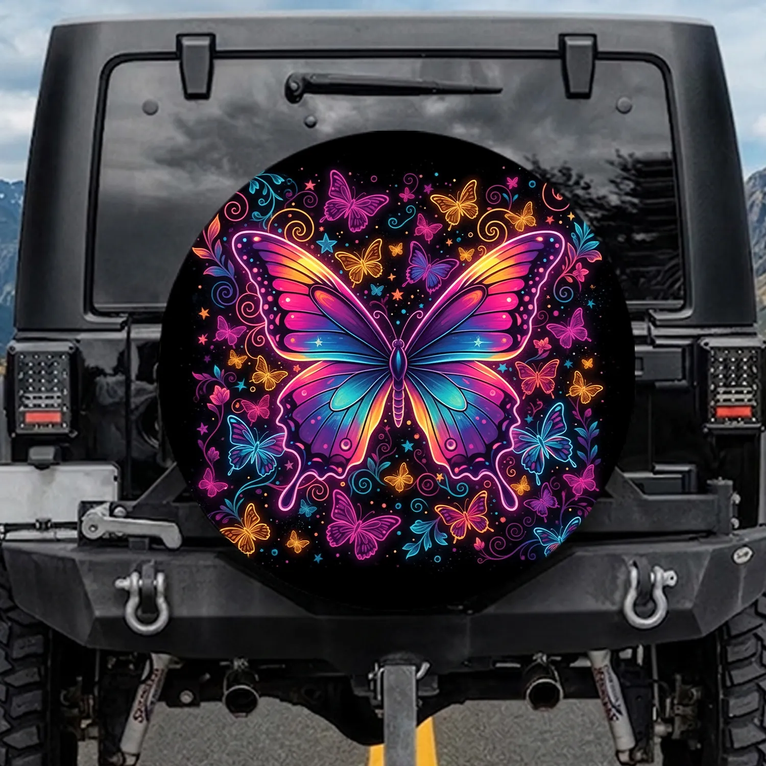 Glowing Iridescent Butterfly Neon Flowers Stars Night Sky - Butterfly Lover Gift Spare Tire Cover - 1