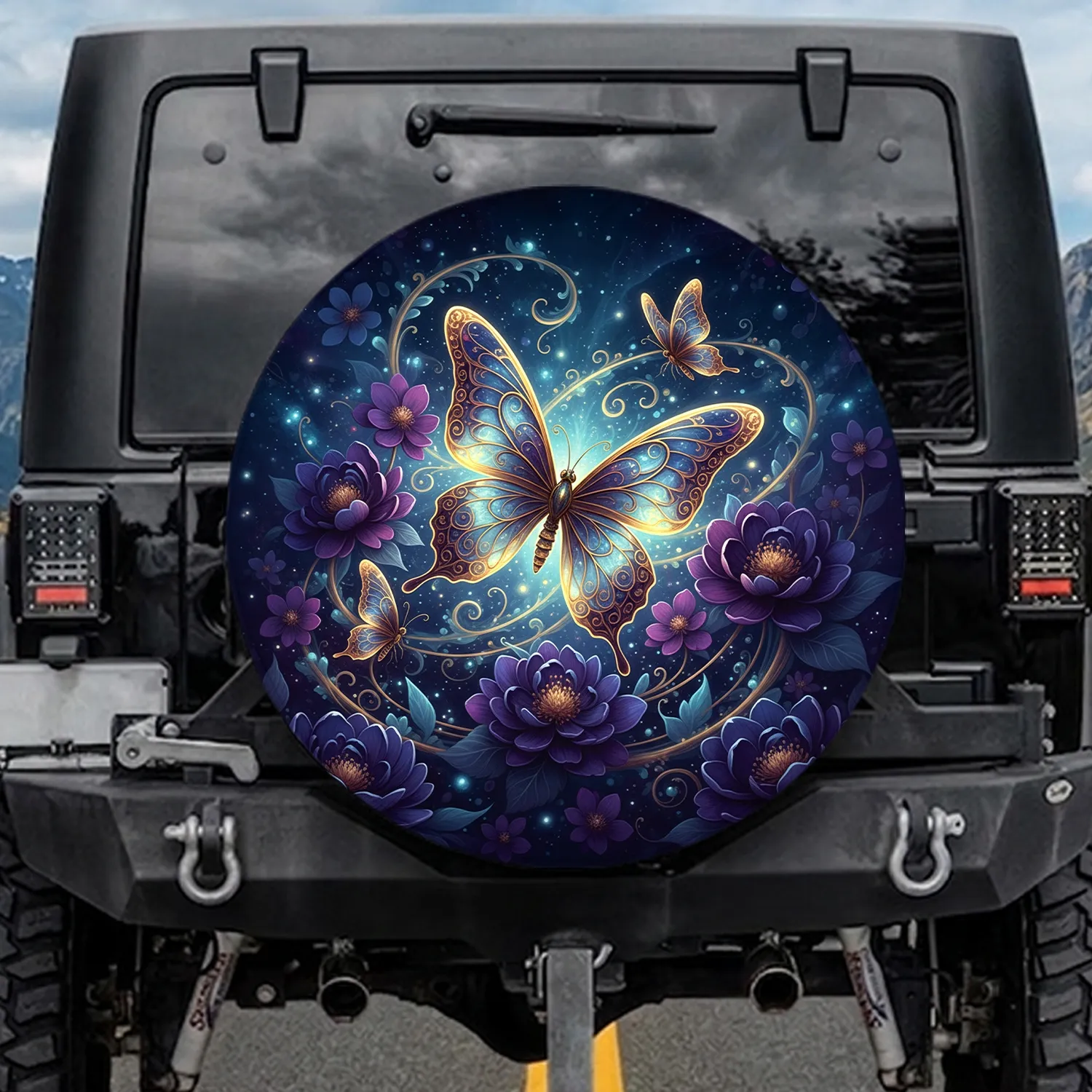 Luminous Golden Butterfly Cosmic Night Sky Purple Floral - Fantasy Lover Home Decor Gift Spare Tire Cover - 1