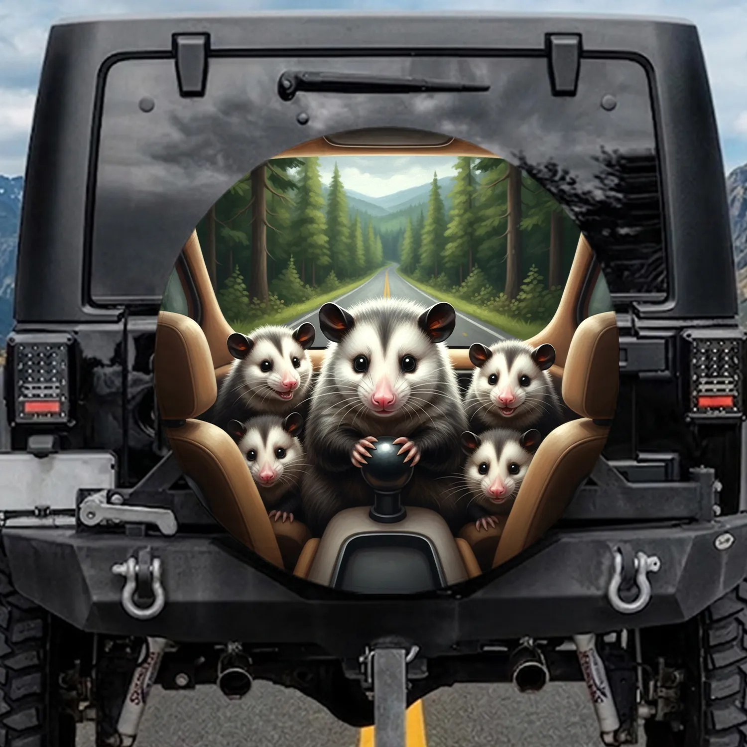 Group of Realistic Opossums in Plush Interior Forest Road - Wildlife Lover Gift Spare Tire Cover - 1