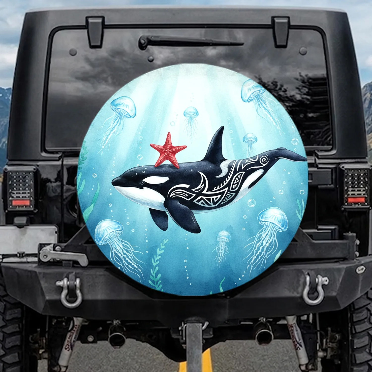 Killer Whale Red Starfish Blue Jellyfish - Wildlife Lover Gift Spare Tire Cover - 1
