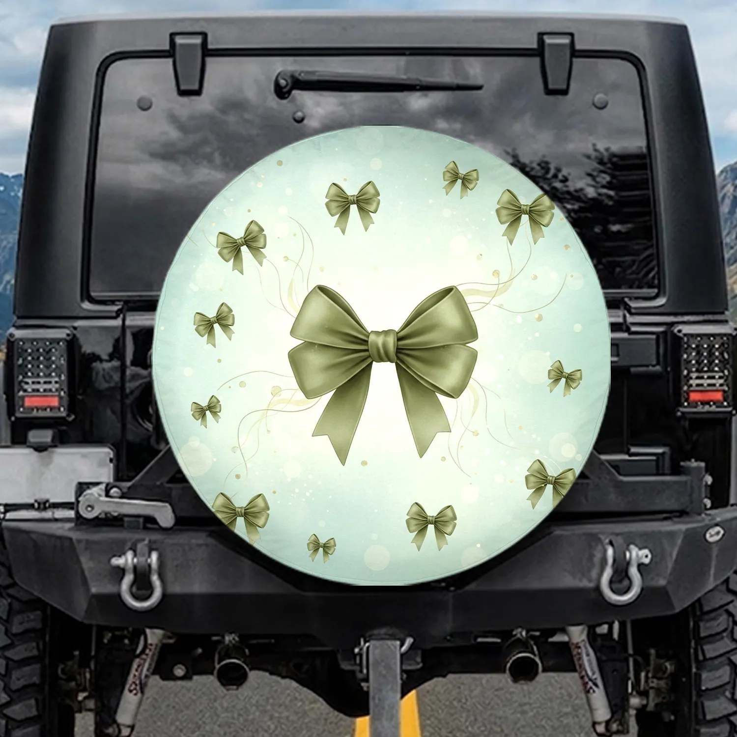 Olive Green Silk Ribbon Bows Light Bokeh Organic Lines Pale Teal Sage Green Clouds - Home Decor Gift Spare Tire Cover - 1