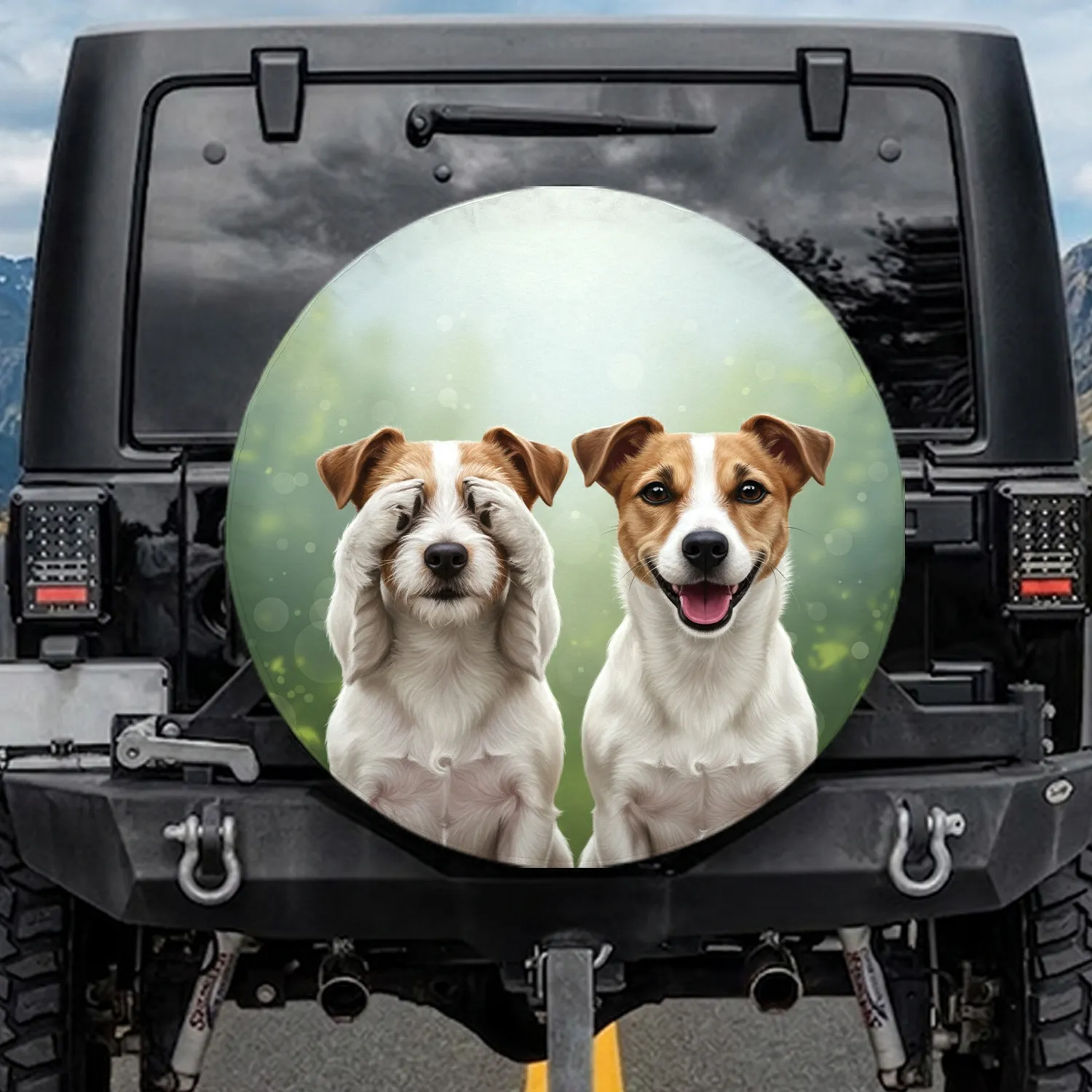 Fluffy Brown Patch Jack Russell Terriers Paws See No Evil - Pet Lover Home Decor Gift Spare Tire Cover - 1