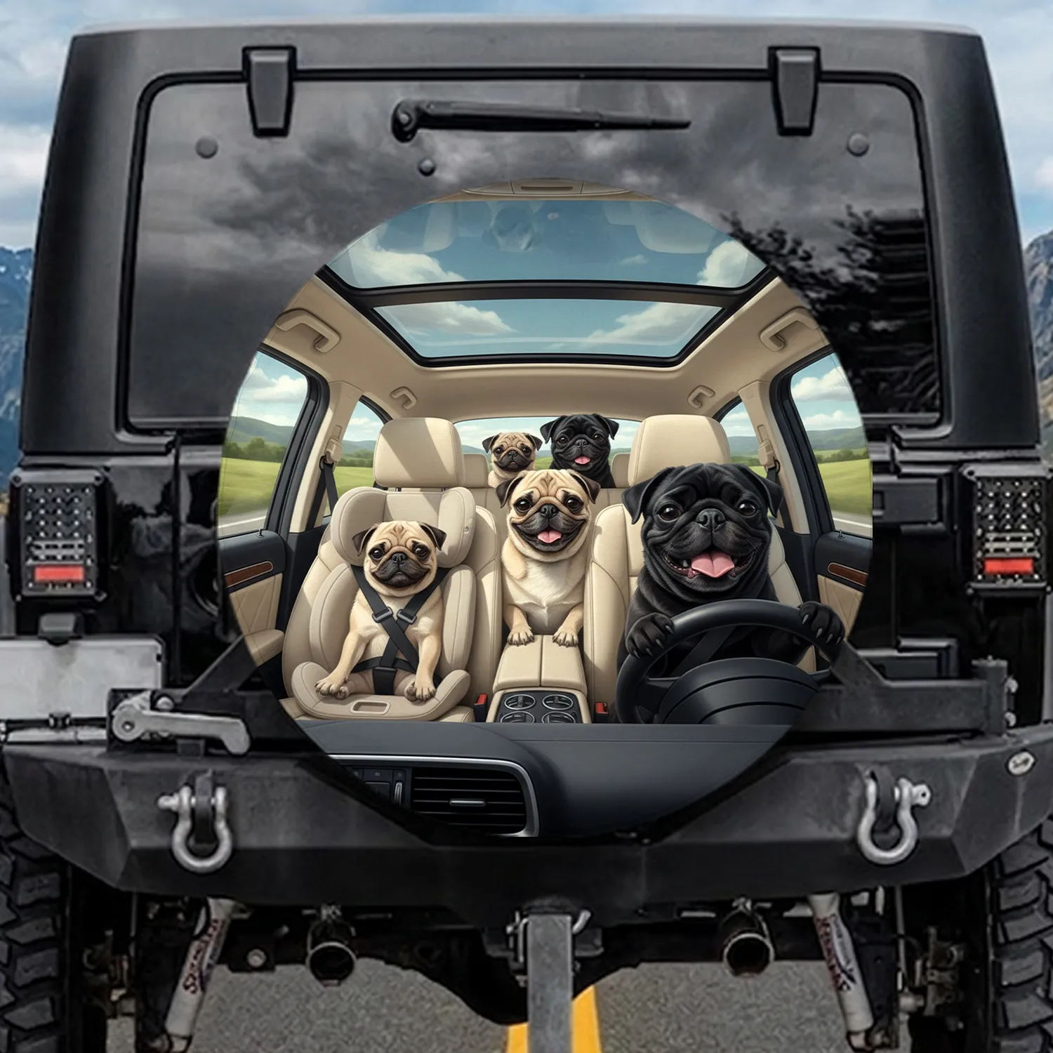 Pugs Car Interior Road Trip Adventure - Dog Lover Travel Gift Spare Tire Cover - 1