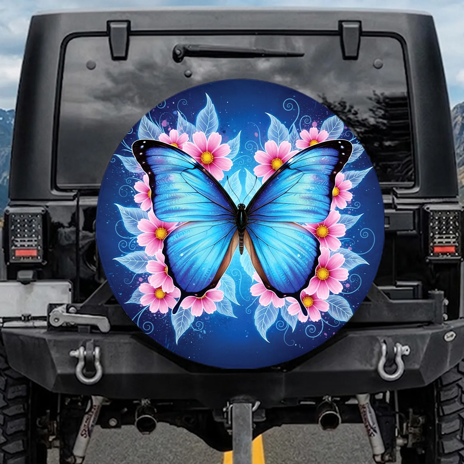 Iridescent Blue Morpho Butterfly Pink Cosmos Flowers - Wildlife Lover Gift Spare Tire Cover - 1