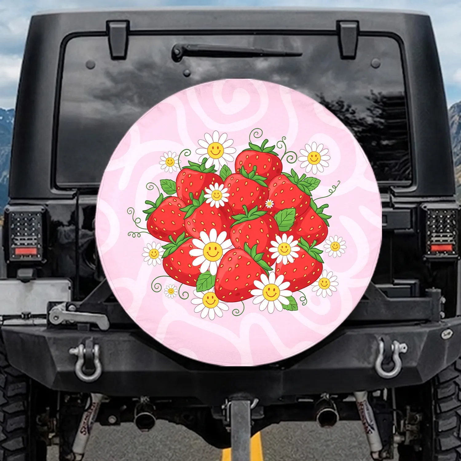 Smiling Daisies Strawberry Swirl - Garden Lover Everyday Outdoor Style Spare Tire Cover - 1
