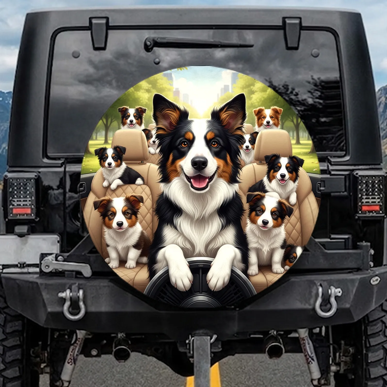 Black White Border Collie Car Interior Park Landscape - Dog Lover Gift for Pet Owners Spare Tire Cover - 1