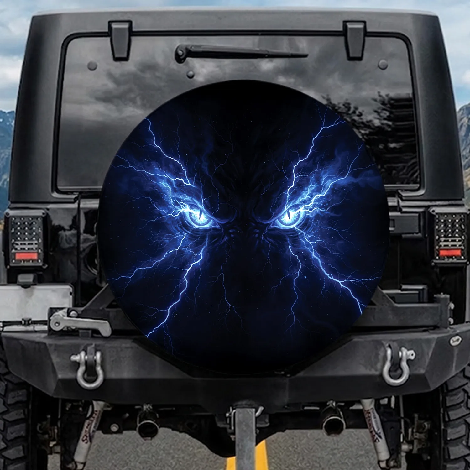 Menacing Electric Blue Glowing Reptilian Eyes Lightning Bolts Dark Energy - Dark Fantasy Lover Gift Spare Tire Cover - 1