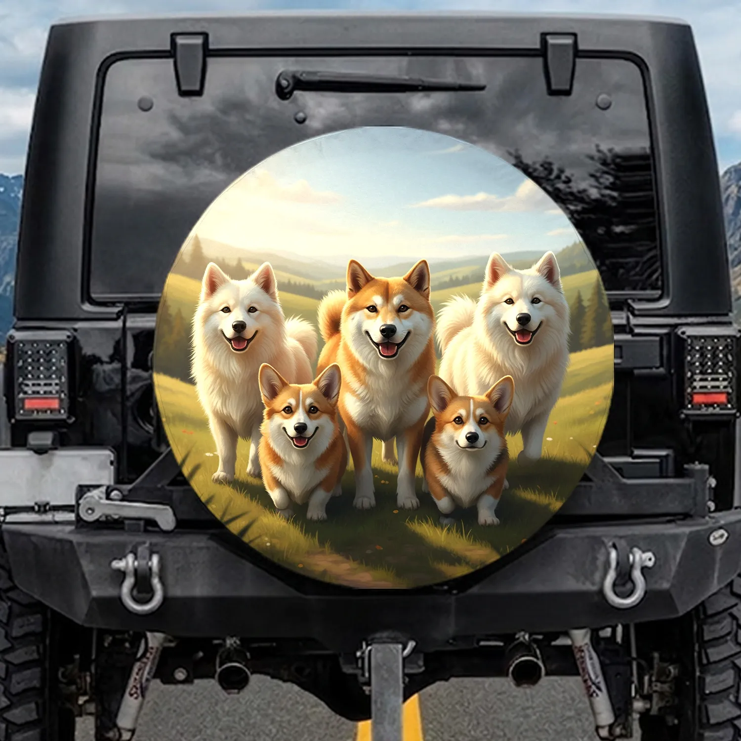 Happy Shiba Corgi Dogs Golden Hour Hills - Dog Lover Adventure Gift Spare Tire Cover - 1