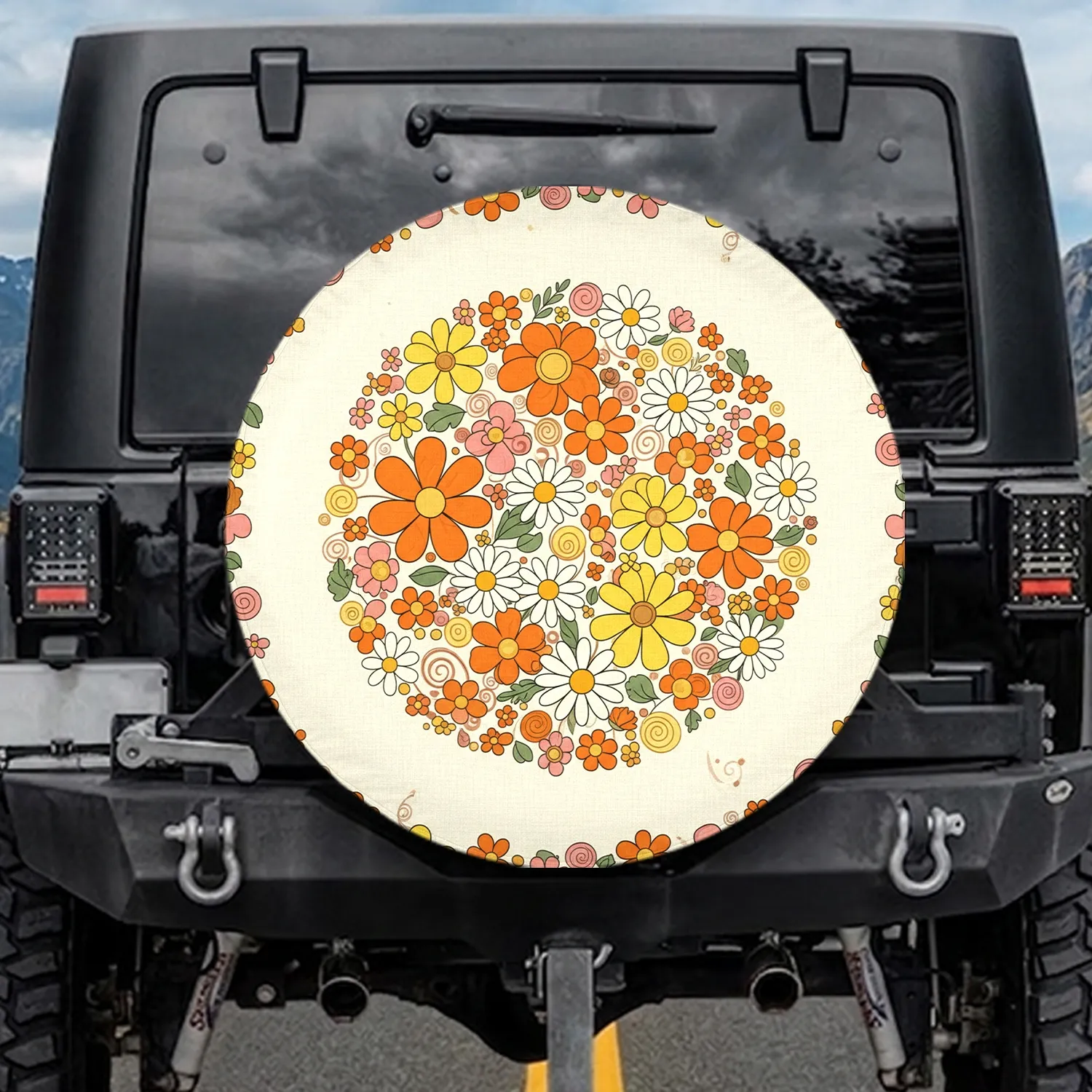 Dense Pale Cream 1960s Retro Flowers Orange Yellow Daisy Garden Floral Home Decor Gift Spare Tire Cover - 1