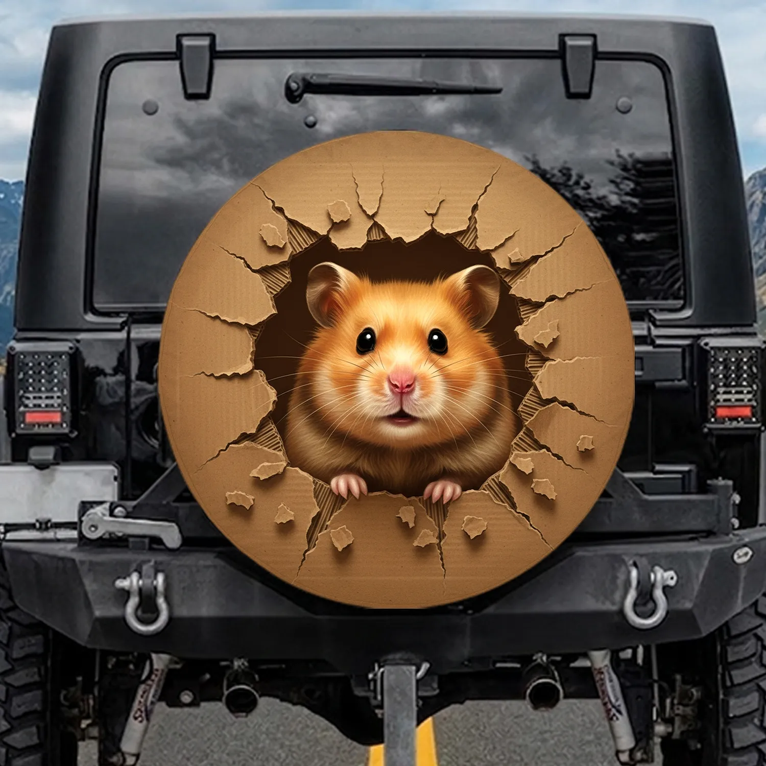 Golden Brown Curious Hamster Peeking Shredded Cardboard Box - Pet Lover Gift Spare Tire Cover - 1