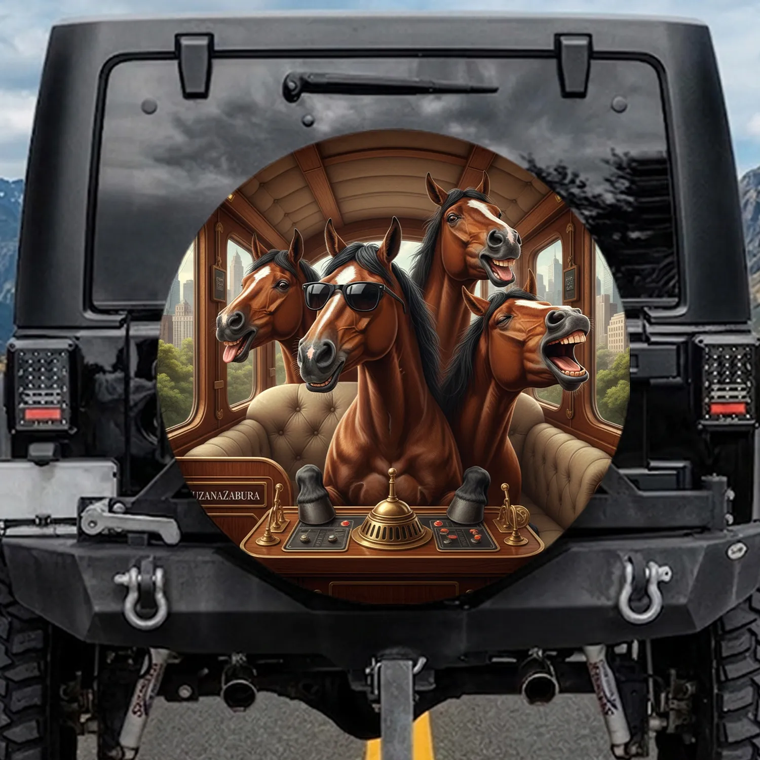 Laughing Horses Sunglasses Urban Travel Scene - Road Trip Companion Gift Spare Tire Cover - 1