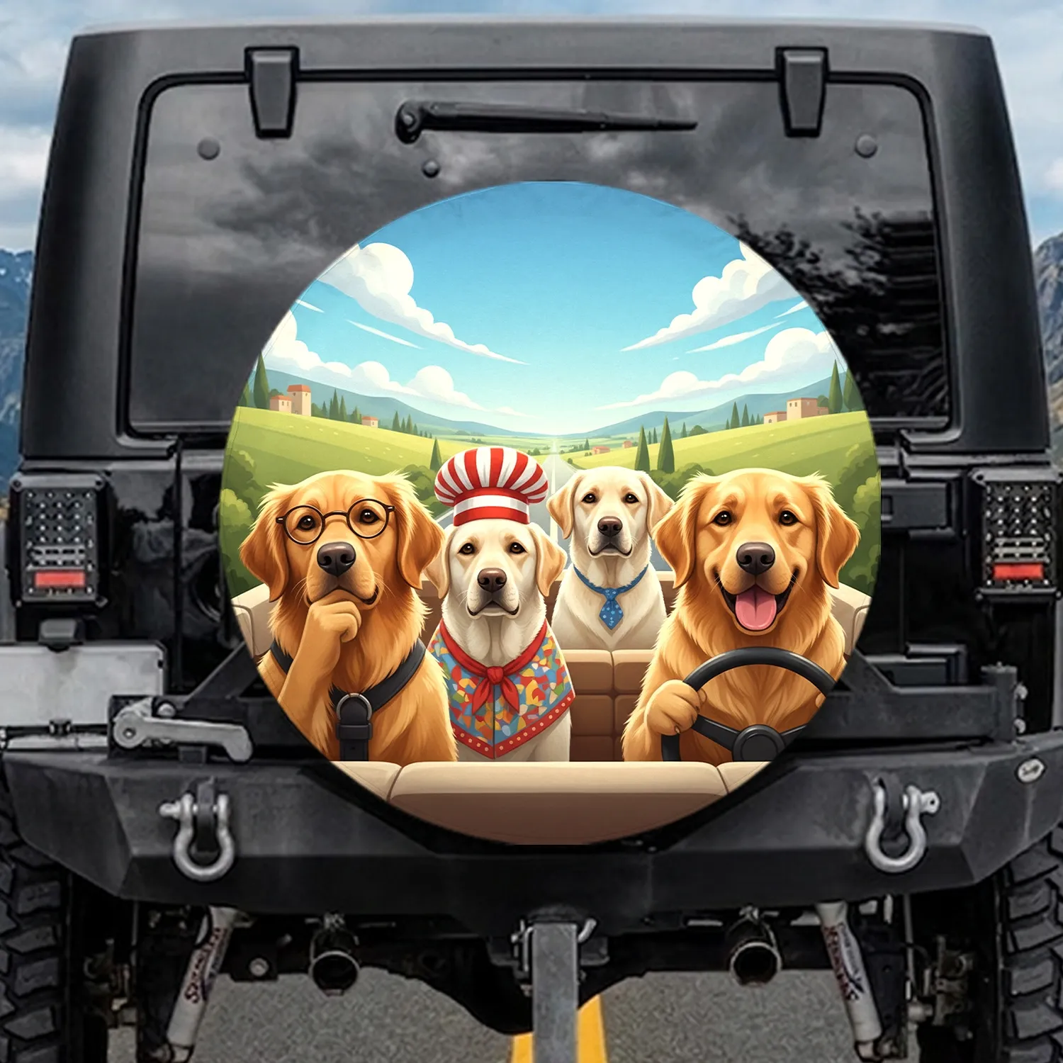 Driving Golden Retriever Spectacled Labrador Dogs Road Trip - Adventure Lover Gift Spare Tire Cover - 1