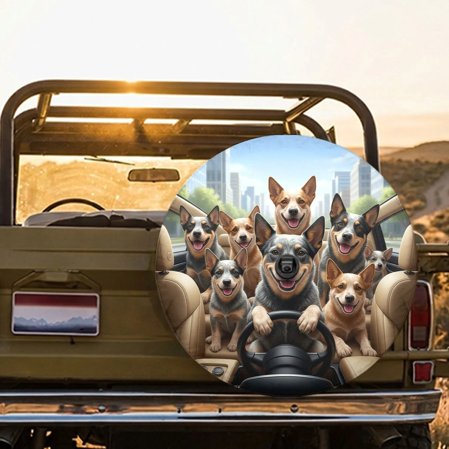 Seven Australian Cattle Dogs Driving Car Scene - Dog Lover Gift Spare Tire Cover - 1