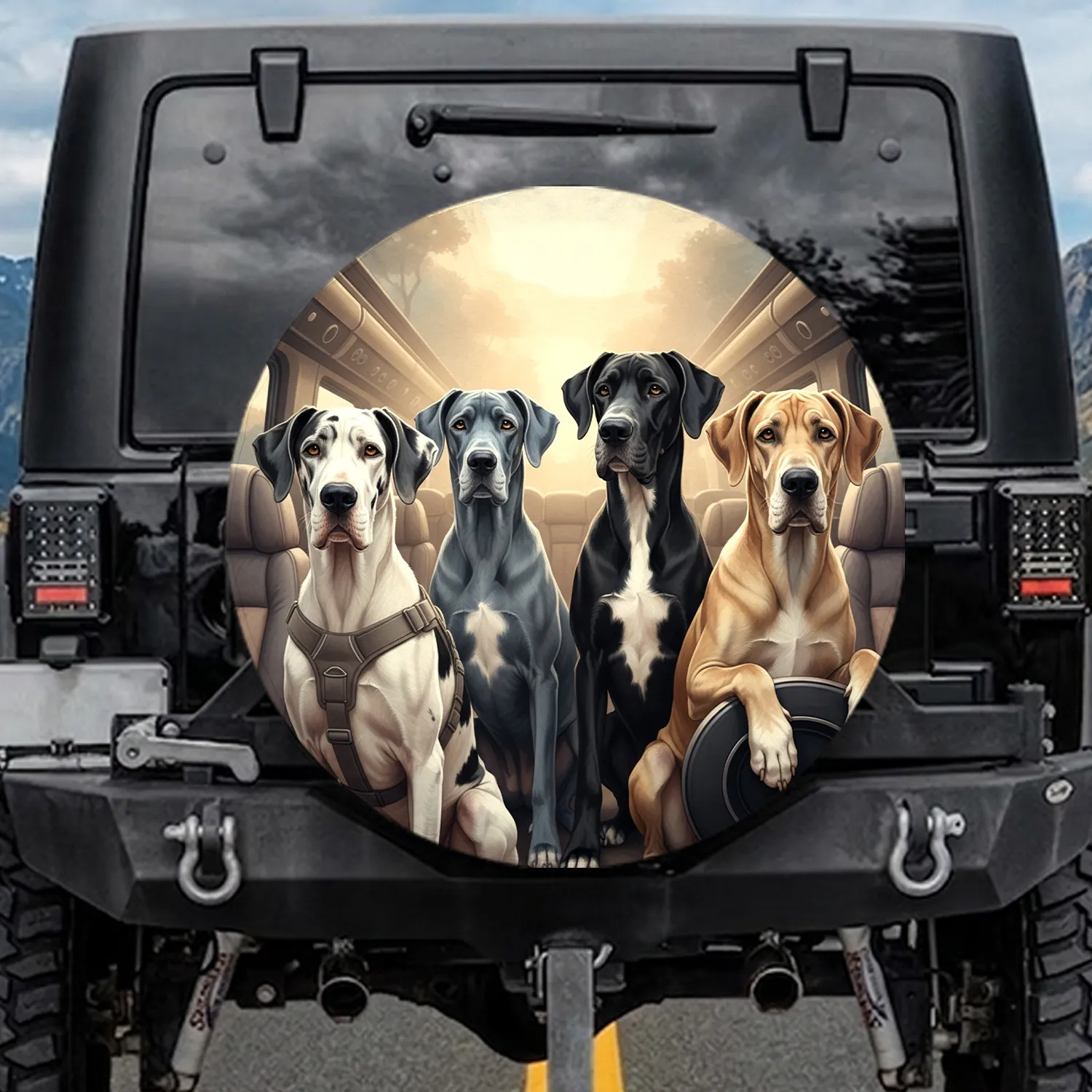Five Great Dane Dogs Travel Scene - Road Trip Gift for Dog Owners Spare Tire Cover - 1