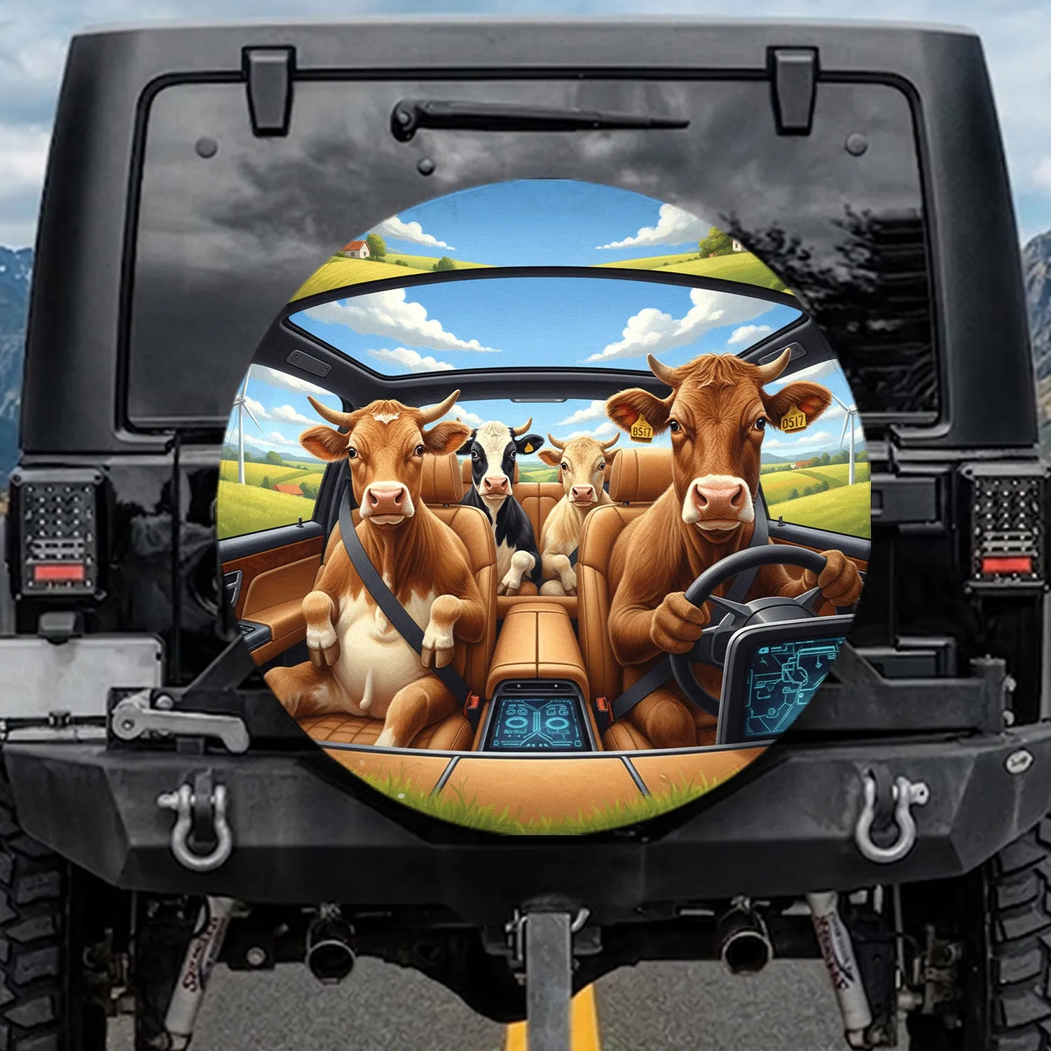 Four Cows Luxury Car Ride - Farmhouse Home Decor for Cow Lover Spare Tire Cover - 1