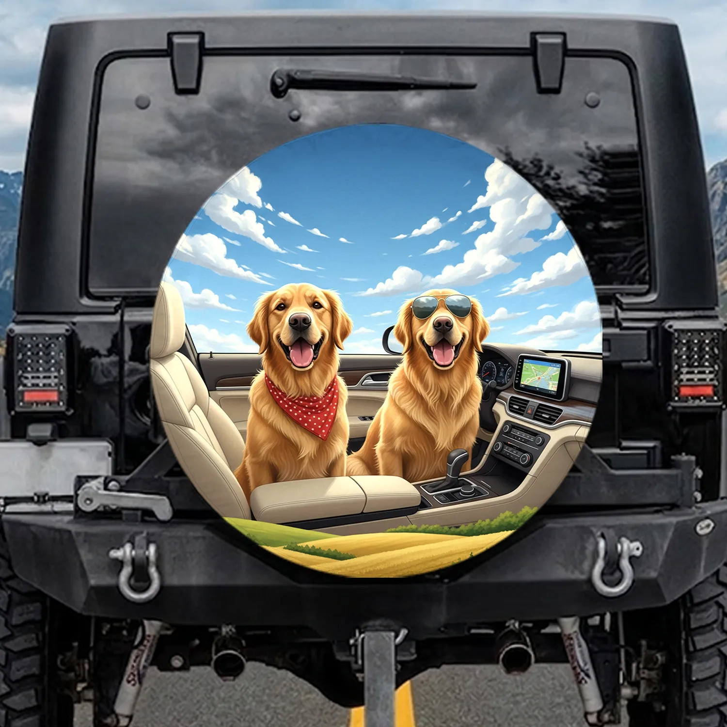Joyful Golden Retrievers Driving - Road Trip Travel Essentials Dog Owners Gift Spare Tire Cover - 1