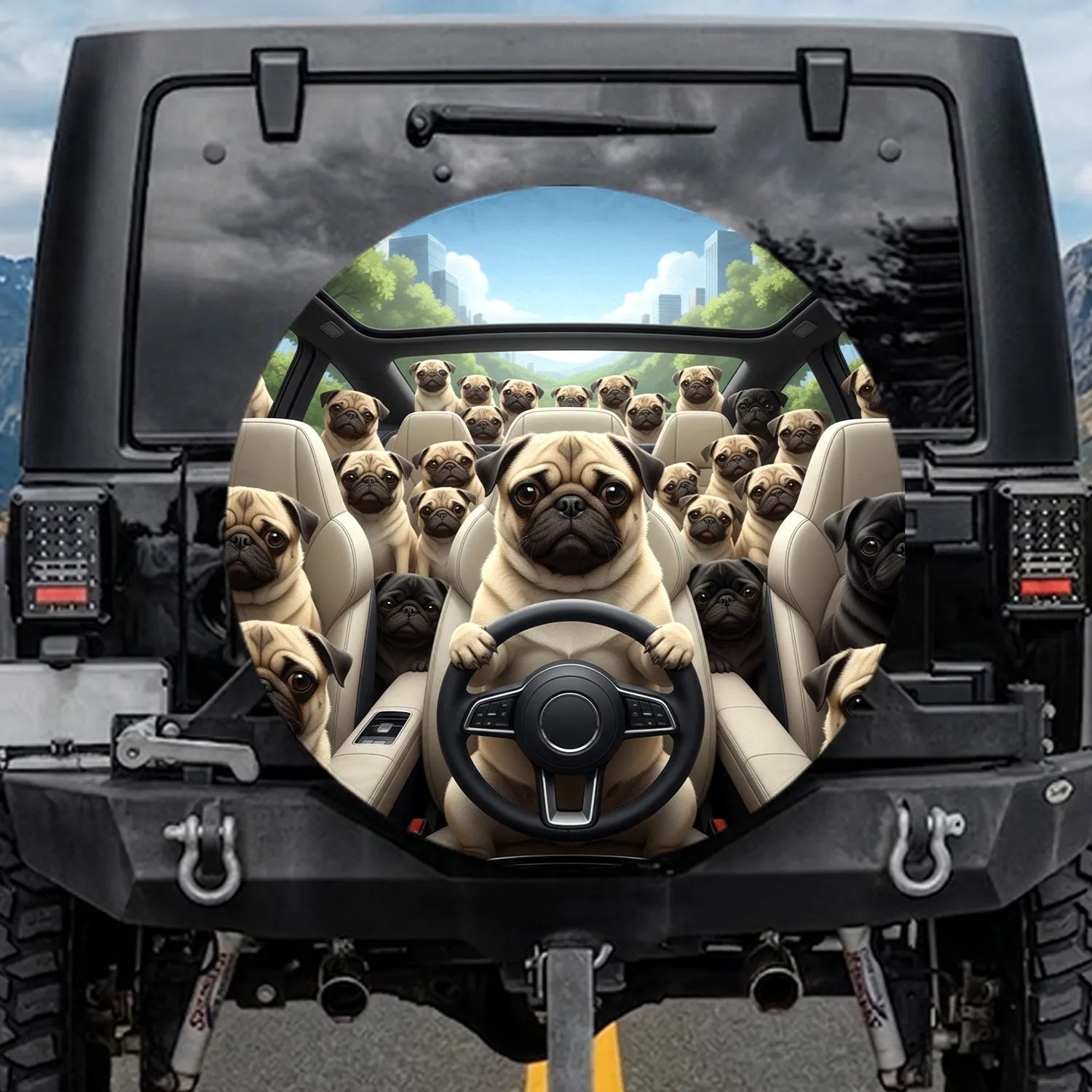 Realistic Pugs Driving Luxury Interior - Scenic Road Trip Gift for Dog Owners Spare Tire Cover - 1