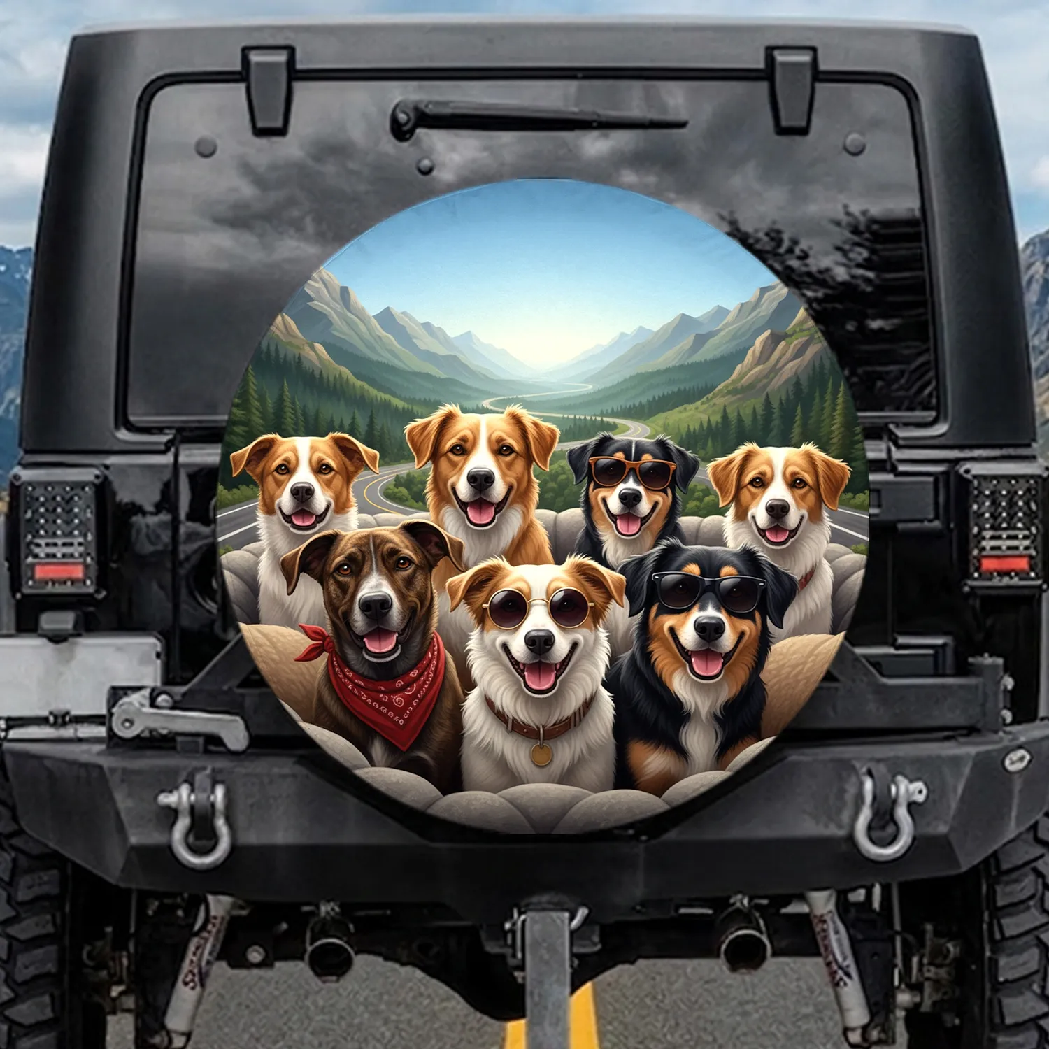Seven Diverse Dogs Sunglasses Mountain Highway - Road Trip Adventure Gift for Dog Lovers Spare Tire Cover - 1