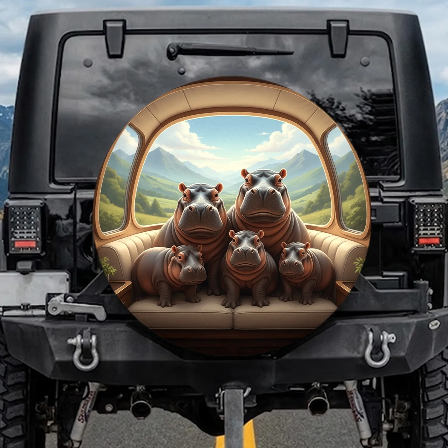 Cheerful Hippopotamus Family Luxury Travel - Wildlife Adventure Gift Spare Tire Cover - 1