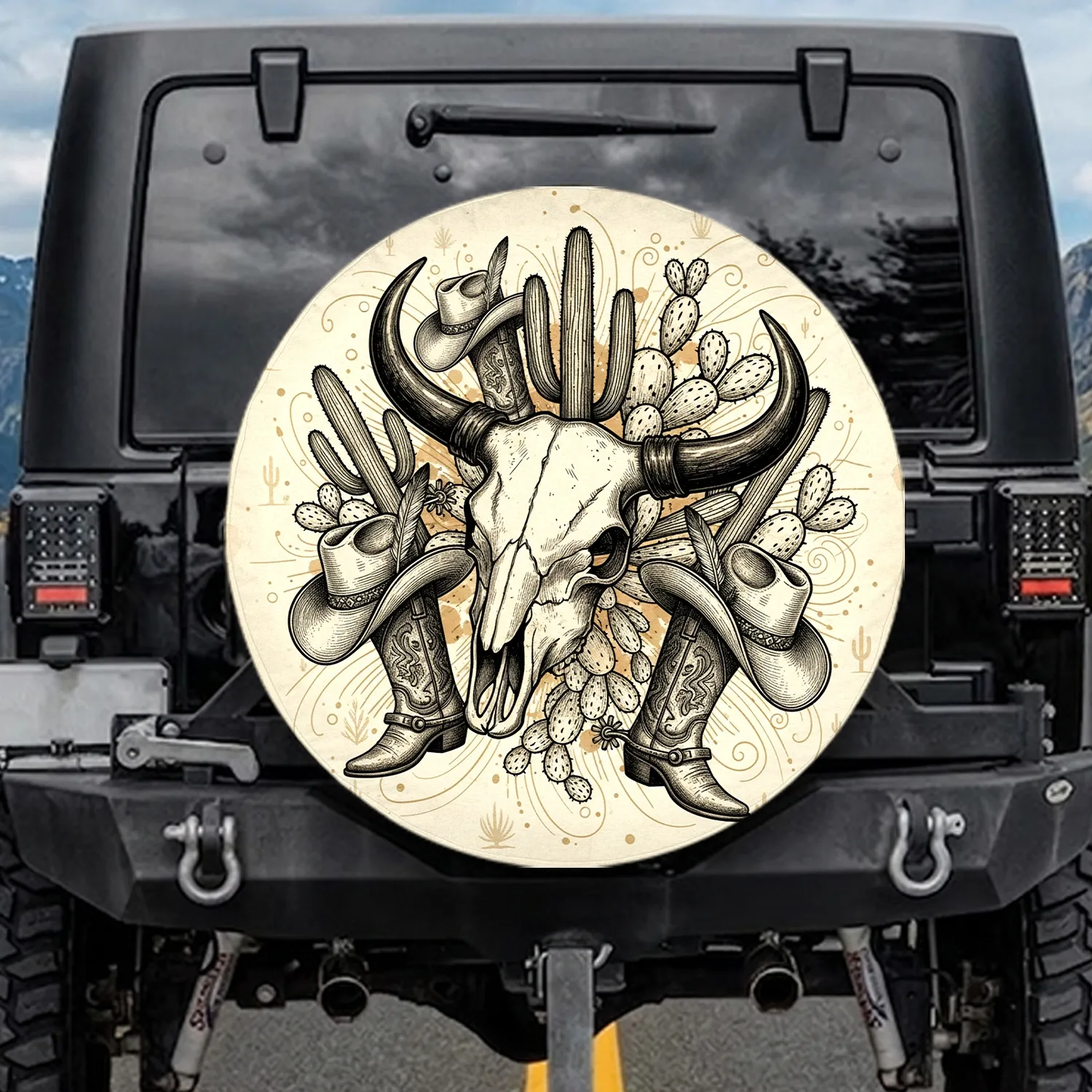 Bull Skull Cowboy Hats Boots Cactus - Western Lifestyle Gift for Cowboy Lover Spare Tire Cover - 1