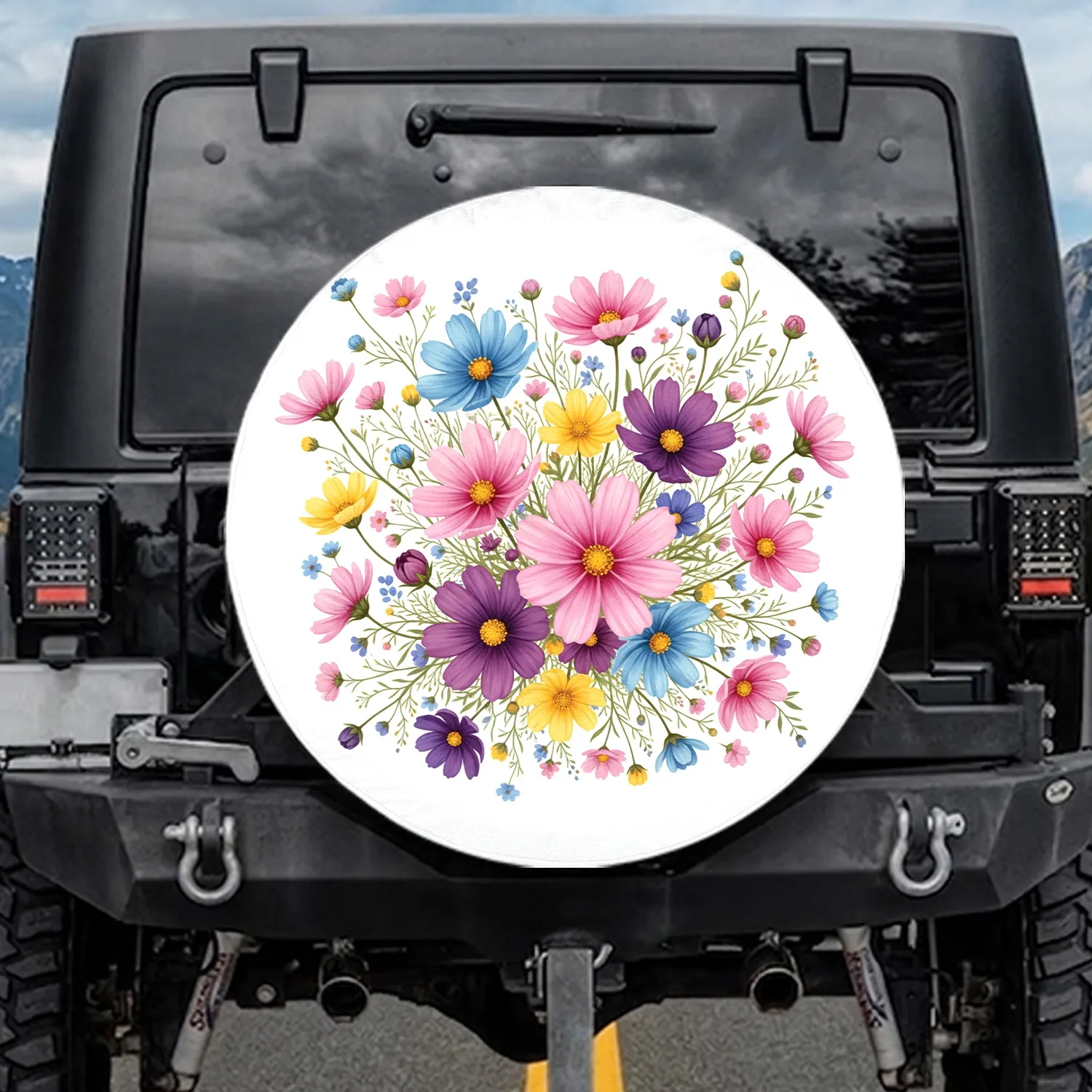 Pink Purple Blue Yellow Cosmos Flowers Foliage Buds Garden - Garden Lover Gift Spare Tire Cover - 1