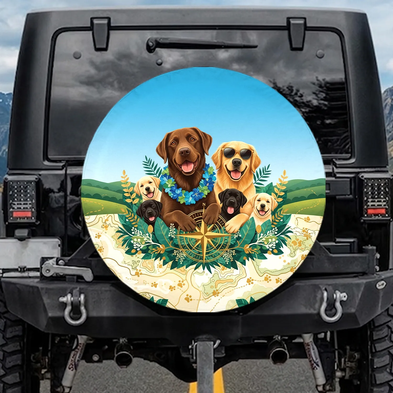 Dogs Tropical Lei Sunglasses Map Paw Prints - Dog Lover Travel Gift Spare Tire Cover - 1