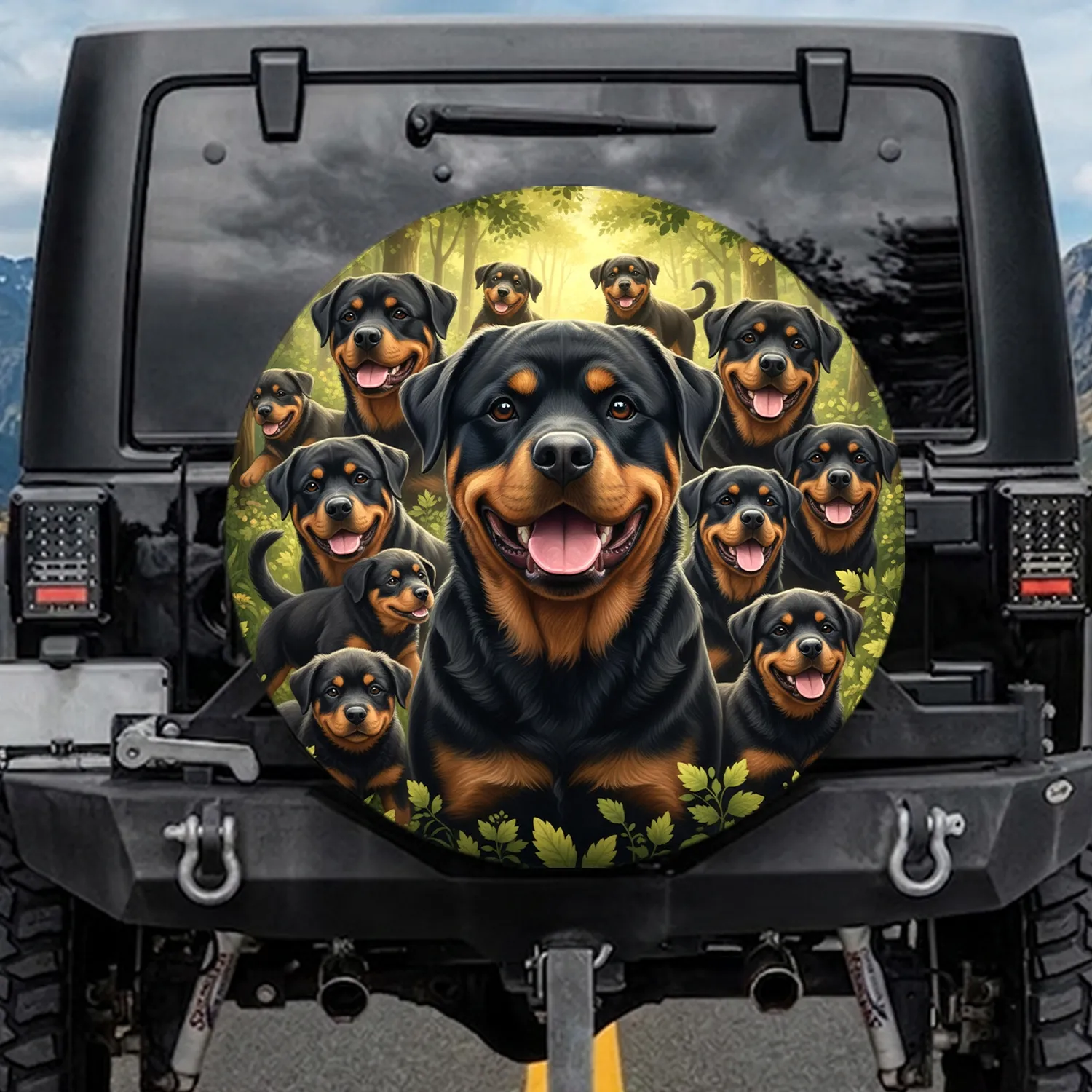 Rottweiler Family and Puppies Sunlit Forest - Dog Lover Gift for Rottweiler Owners Spare Tire Cover - 1