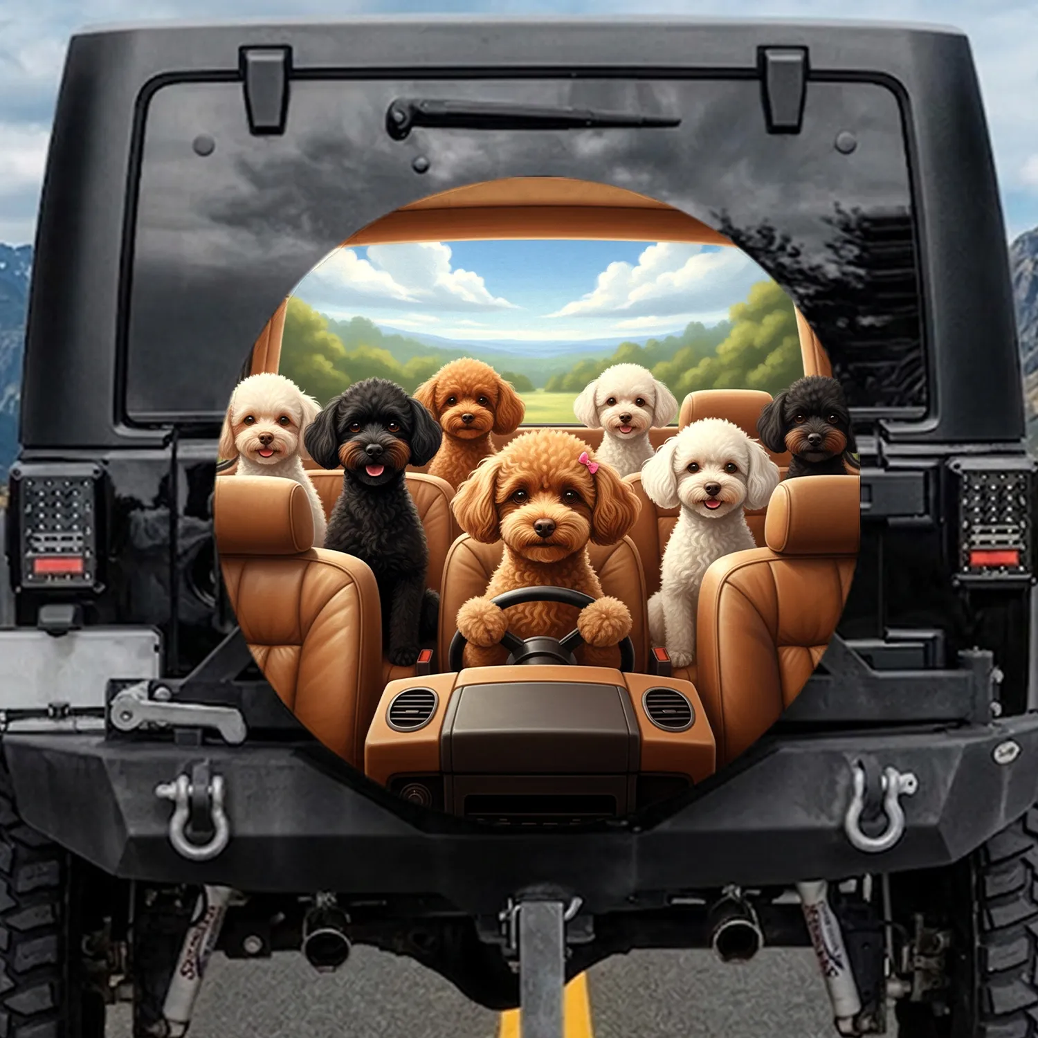 Miniature Poodles Driving Vehicle Interior Sky View - Dog Lover Daily Commute Lifestyle Gift Spare Tire Cover - 1