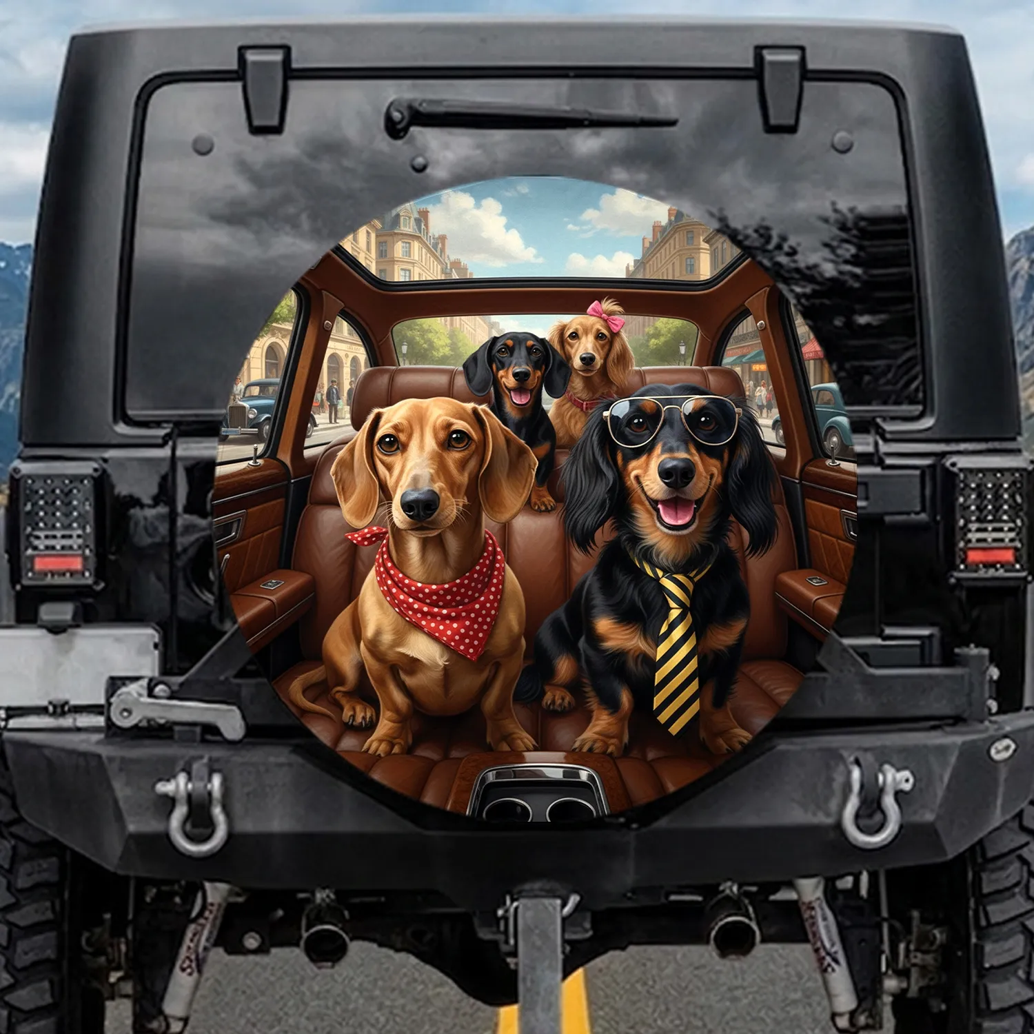 Dachshunds Car Ride Urban View - Dachshund Lover Travel Gift Spare Tire Cover - 1