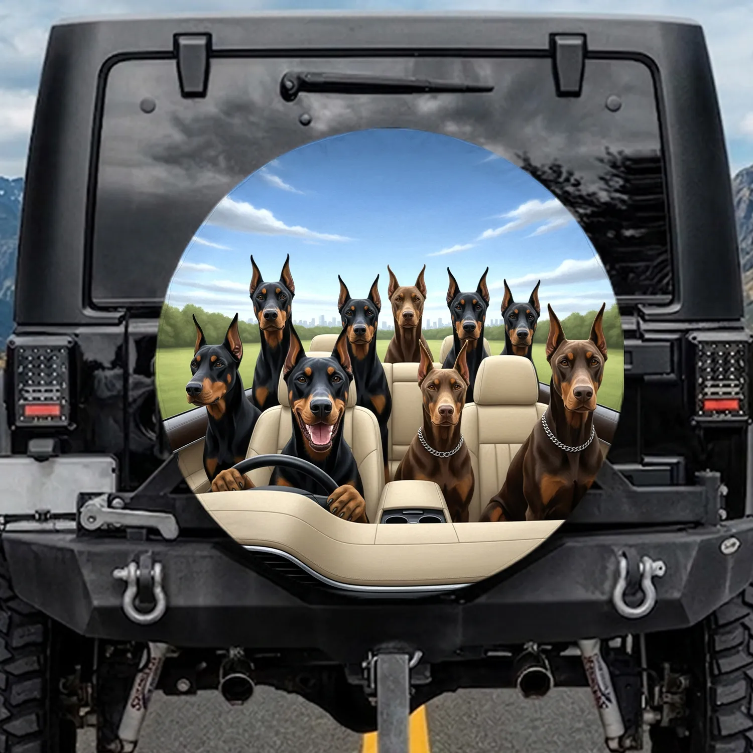 Six Doberman Dogs Driving Car Interior, Expansive Blue Sky Green Foliage - Dog Lover Gift Spare Tire Cover - 1