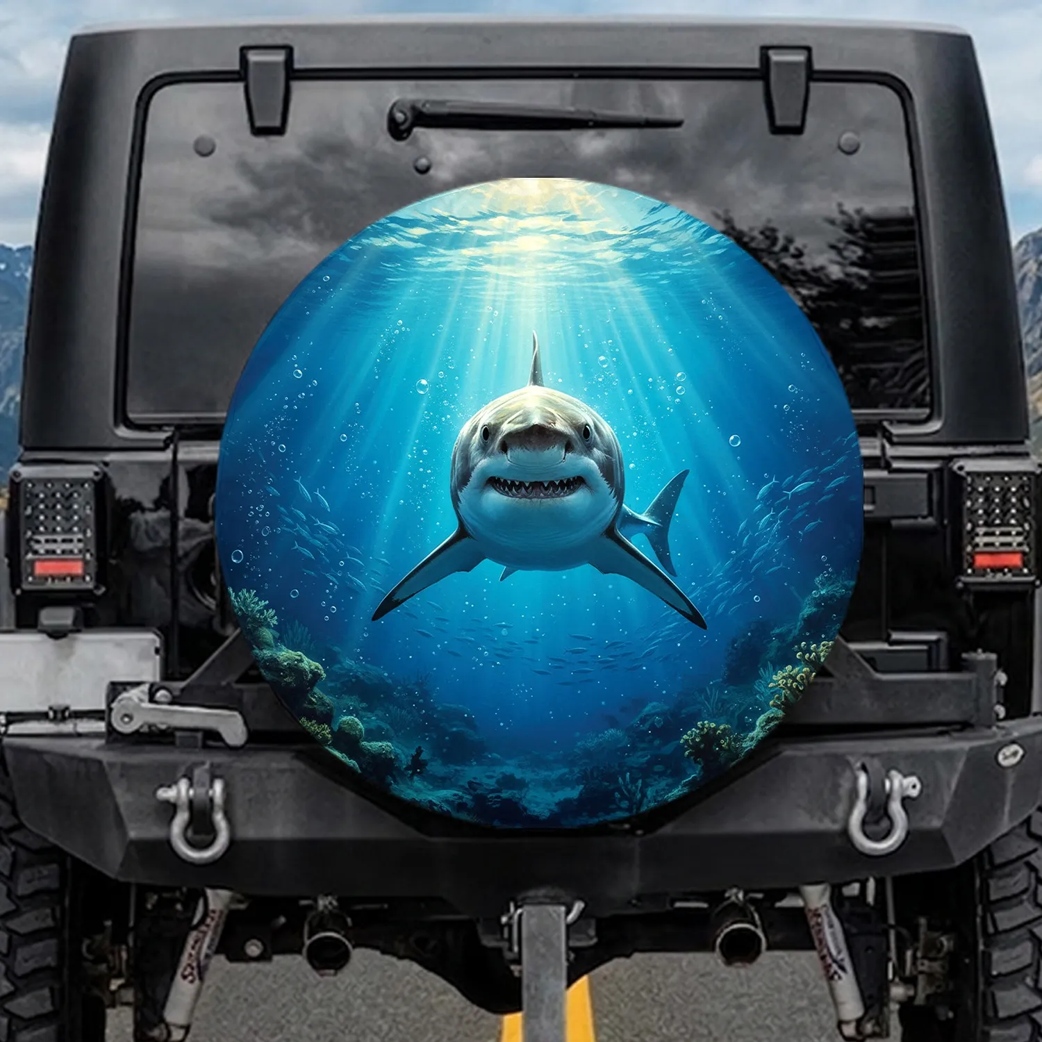 Great White Shark Sunlit Deep Ocean Reef Fish Water Bubbles Scene Wildlife Lover Gift Spare Tire Cover - 1