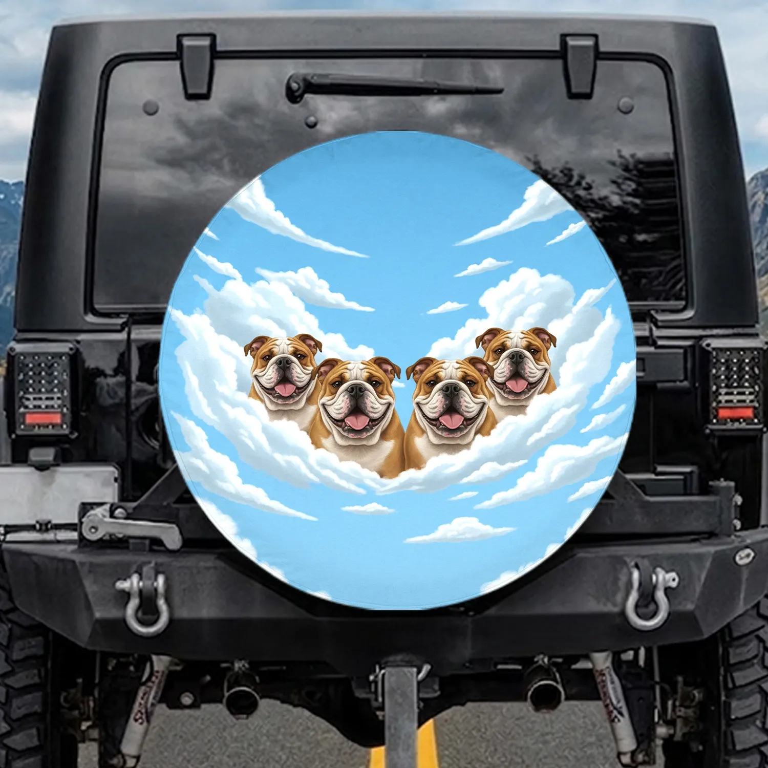Four English Bulldogs Blue Sky Clouds - Dog Lover Gift Spare Tire Cover - 1