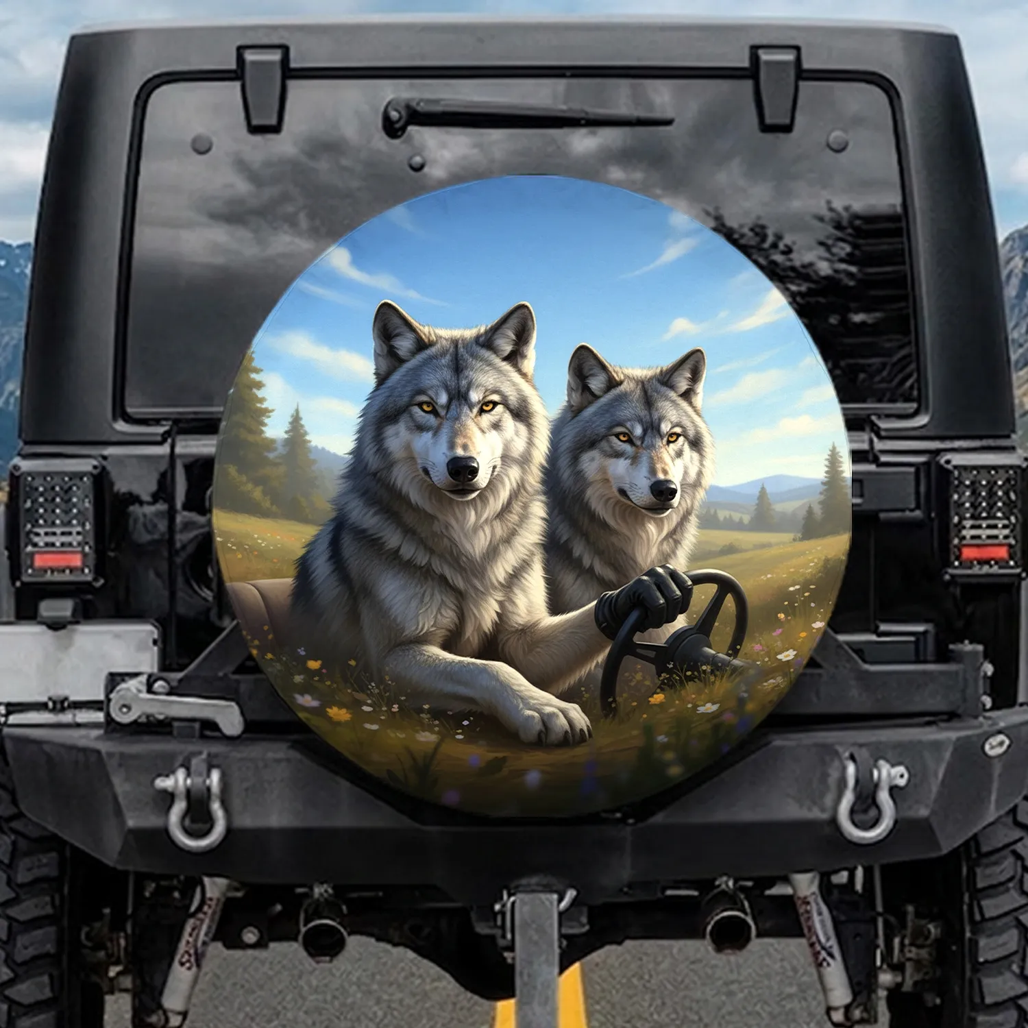 Intense Grey Wolves Driving Car Mountain Sky Landscape - Adventure Lover Gift Spare Tire Cover - 1