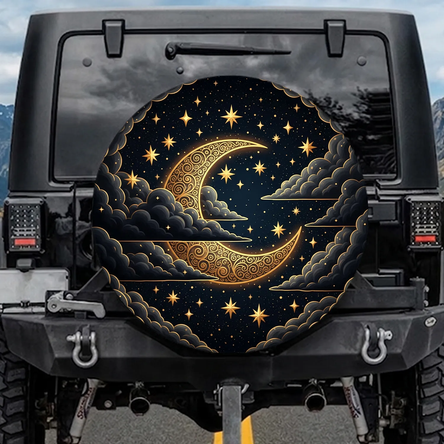 Golden Crescent Moon Dark Clouds Stars Stardust Midnight Sky - Moon Lover Gift Spare Tire Cover - 1