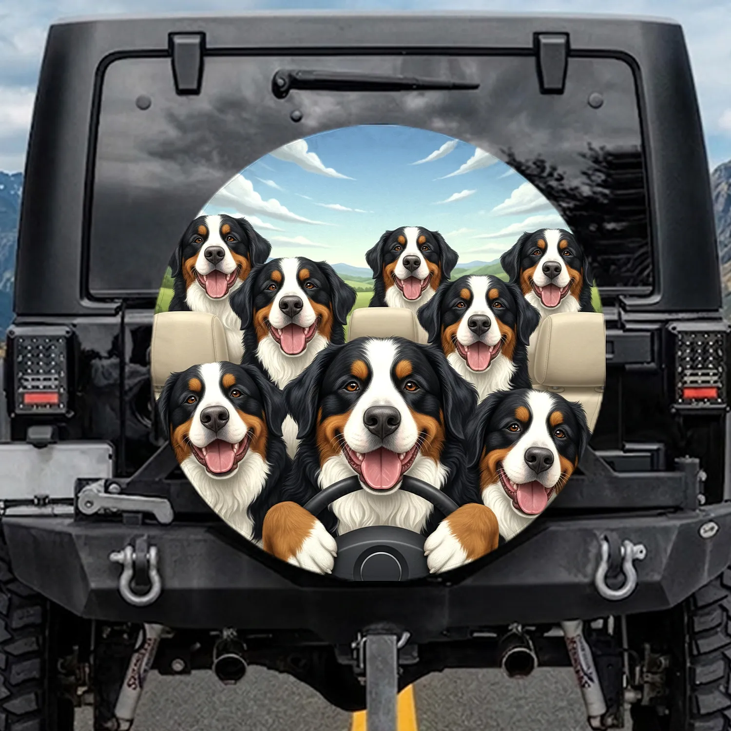 Bernese Mountain Dogs Steering Wheel - Travel Lover Gift Spare Tire Cover - 1