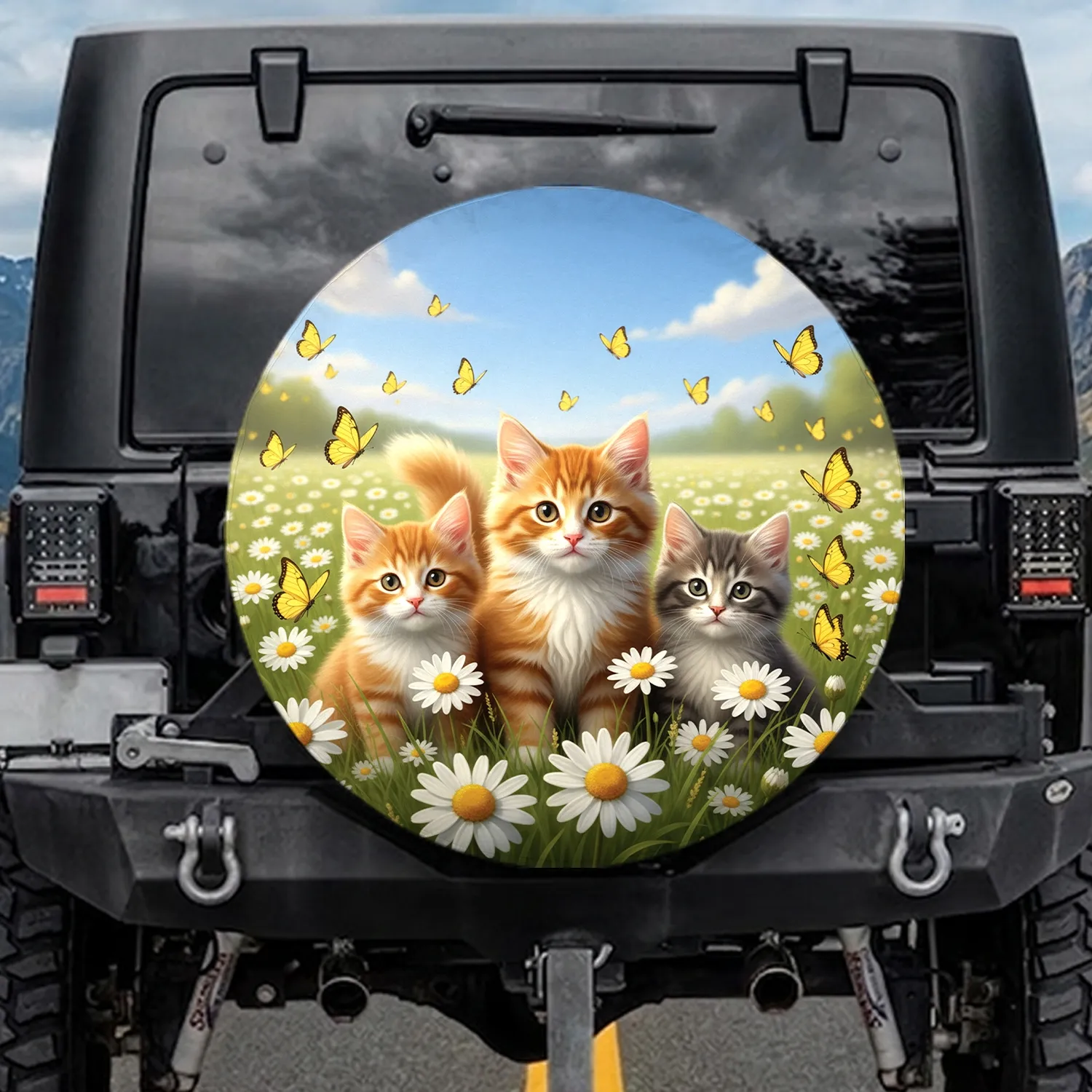 Fluffy Domestic Kittens Daisy Field Butterflies - Cat Lover Travel Essentials Spare Tire Cover - 1