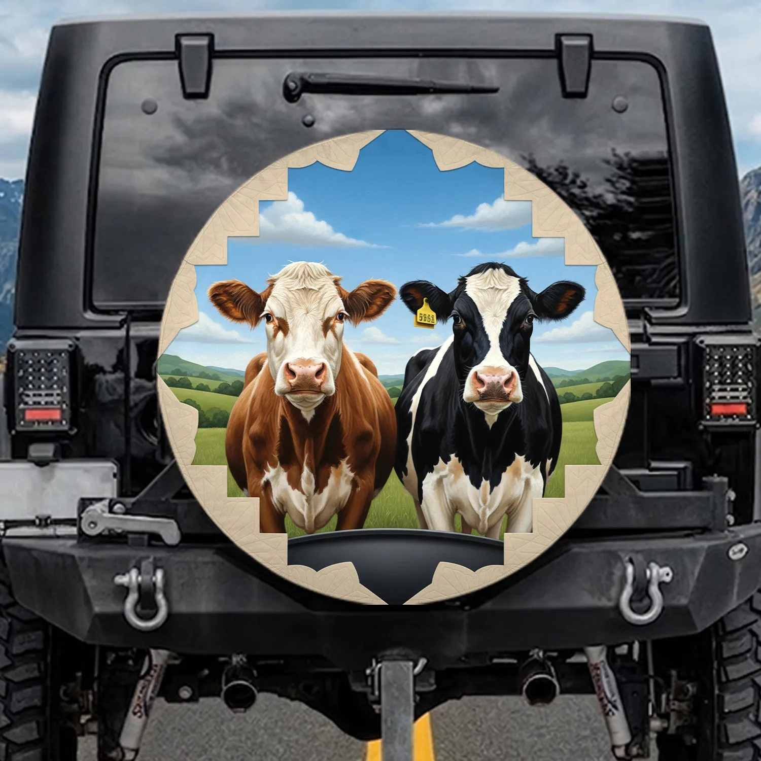 Hereford Holstein Cows Blue Sky Green Field Farmhouse Home Decor Gift for Cow Lover Spare Tire Cover - 1