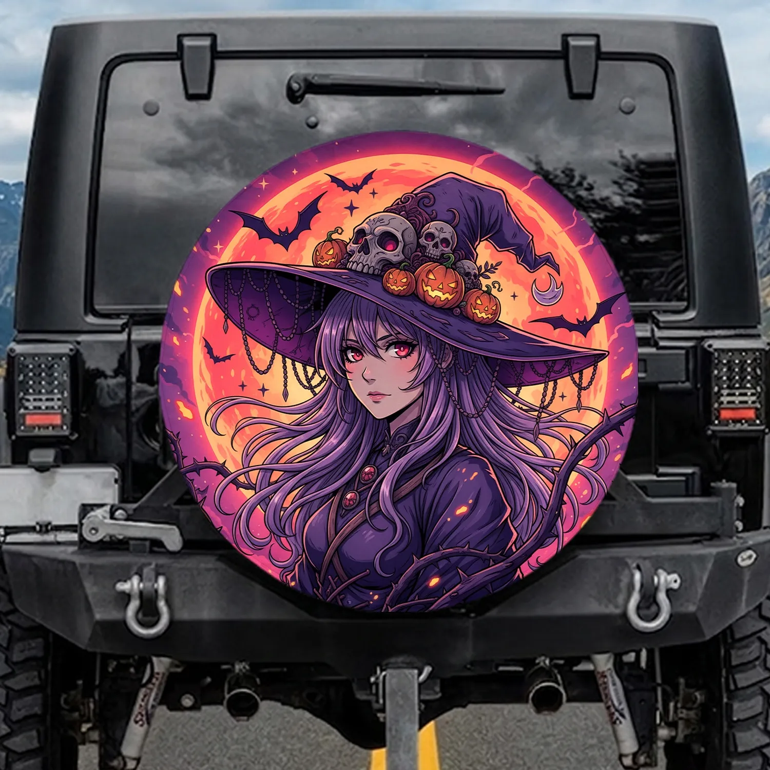 Anime Witch Glowing Moon Skulls Bats Halloween Decor Fantasy Gift Spare Tire Cover - 1