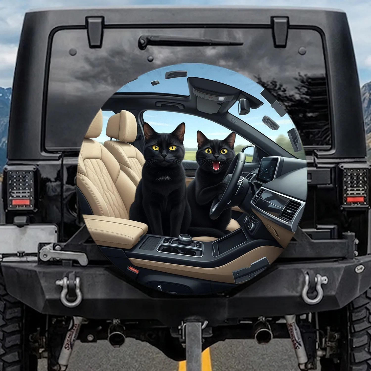 Two Black Cats Driving Vehicle - Joyful Auto Accessory for Cat Lover Spare Tire Cover - 1