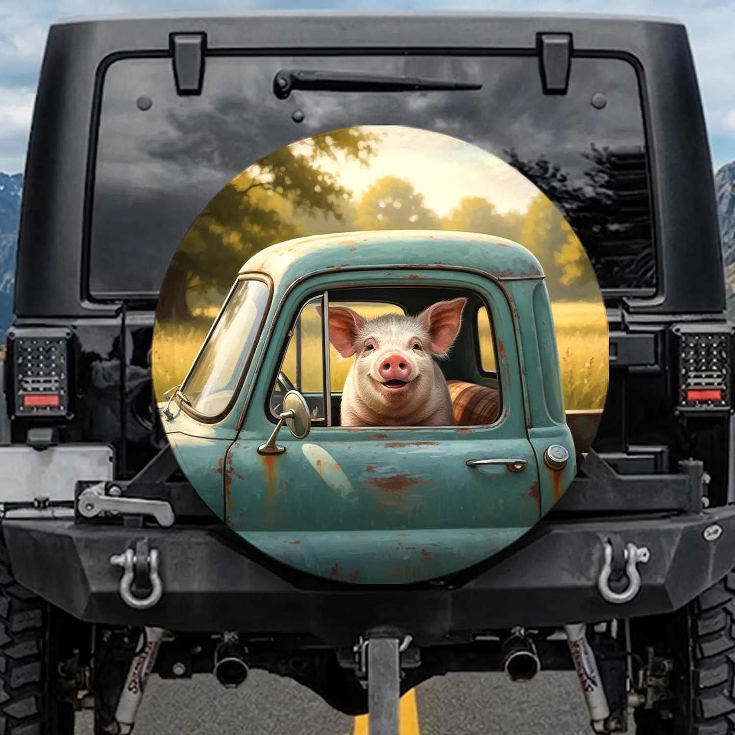 Spotted Micro Pig Vintage Truck - Farmhouse Decor Gift for Pig Lover Spare Tire Cover - 1