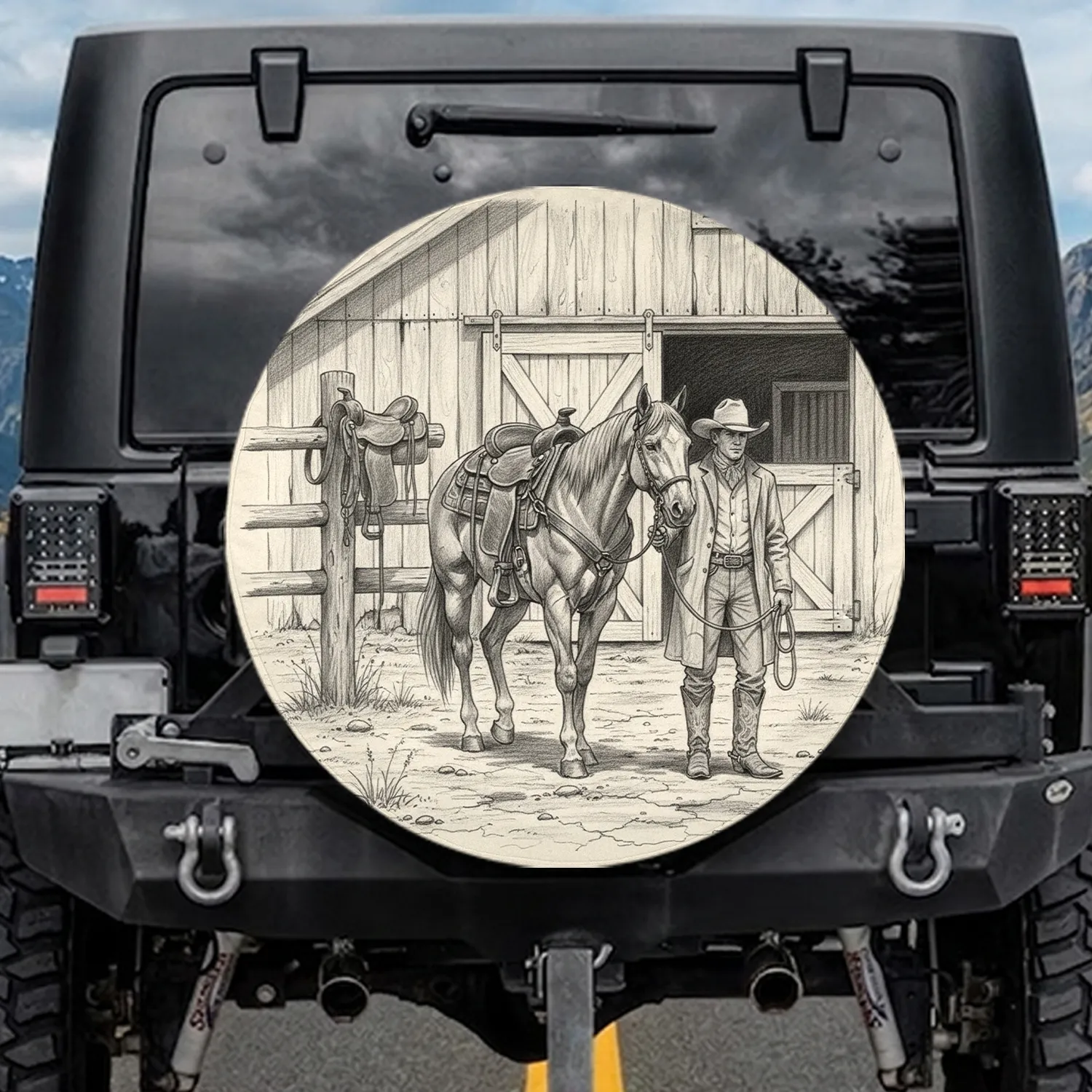 Cowboy Leading Saddled Horse - Western Lifestyle Gift for Horse Lover and Ranch Decor Spare Tire Cover - 1