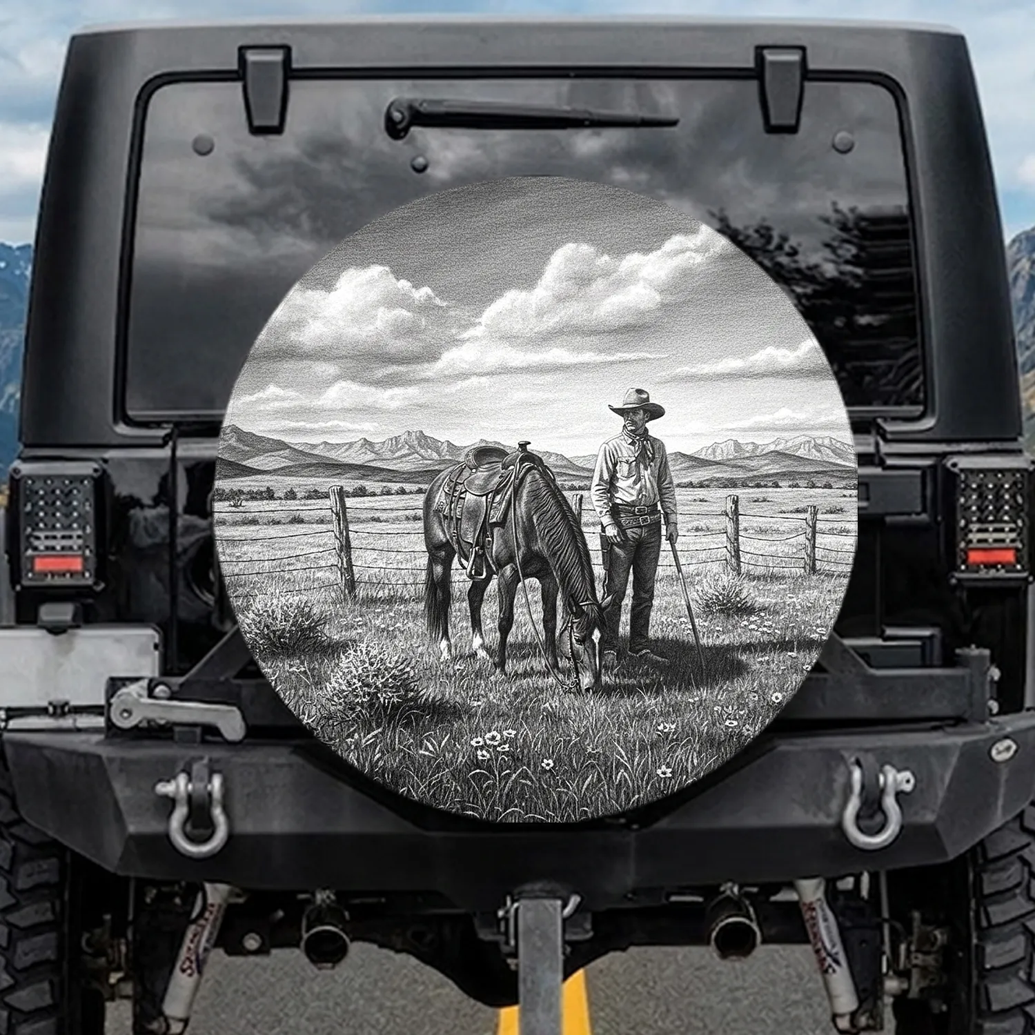 Cowboy Horse Grazing Prairie Landscape Fences - Western Enthusiast Gift for Outdoorsman Spare Tire Cover - 1