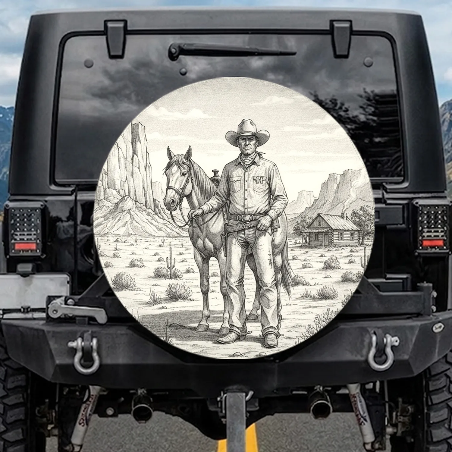 Cowboy Horse Western Desert Landscape - Adventure Lover Gift Spare Tire Cover - 1