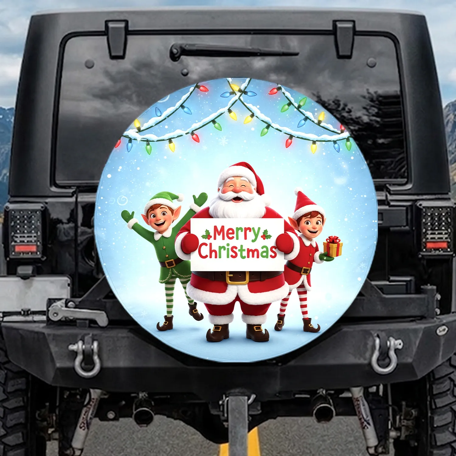 Jovial Santa Claus Elves Christmas Lights - Holiday Gift for Family Spare Tire Cover - 1