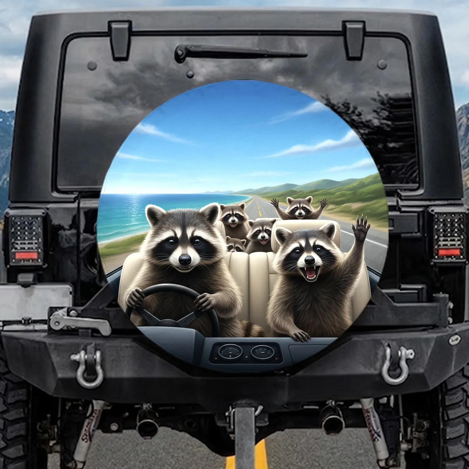 Raccoon Family Coastal Highway Drive - Road Trip Essential for Wildlife Lover Spare Tire Cover - 1